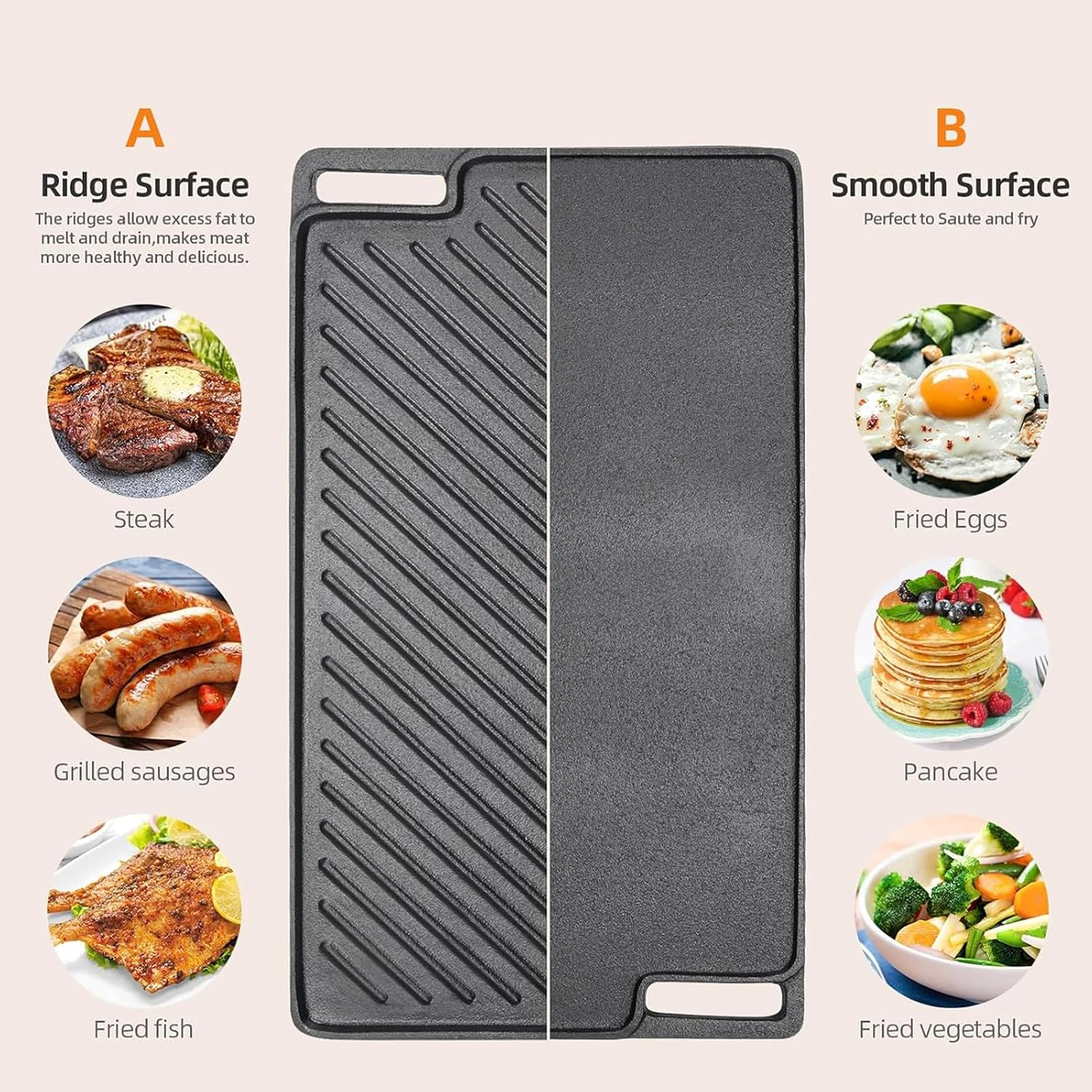 Aping Cast Iron Griddle, Nonstick Reversible Griddle Pan with Scraper & Mitts for Gas Grill, Cast Iron Griddle Plate for Gas Stove Top, Oven, Outdoor Grill or Campfire,18'' X 10.2'' image number 4