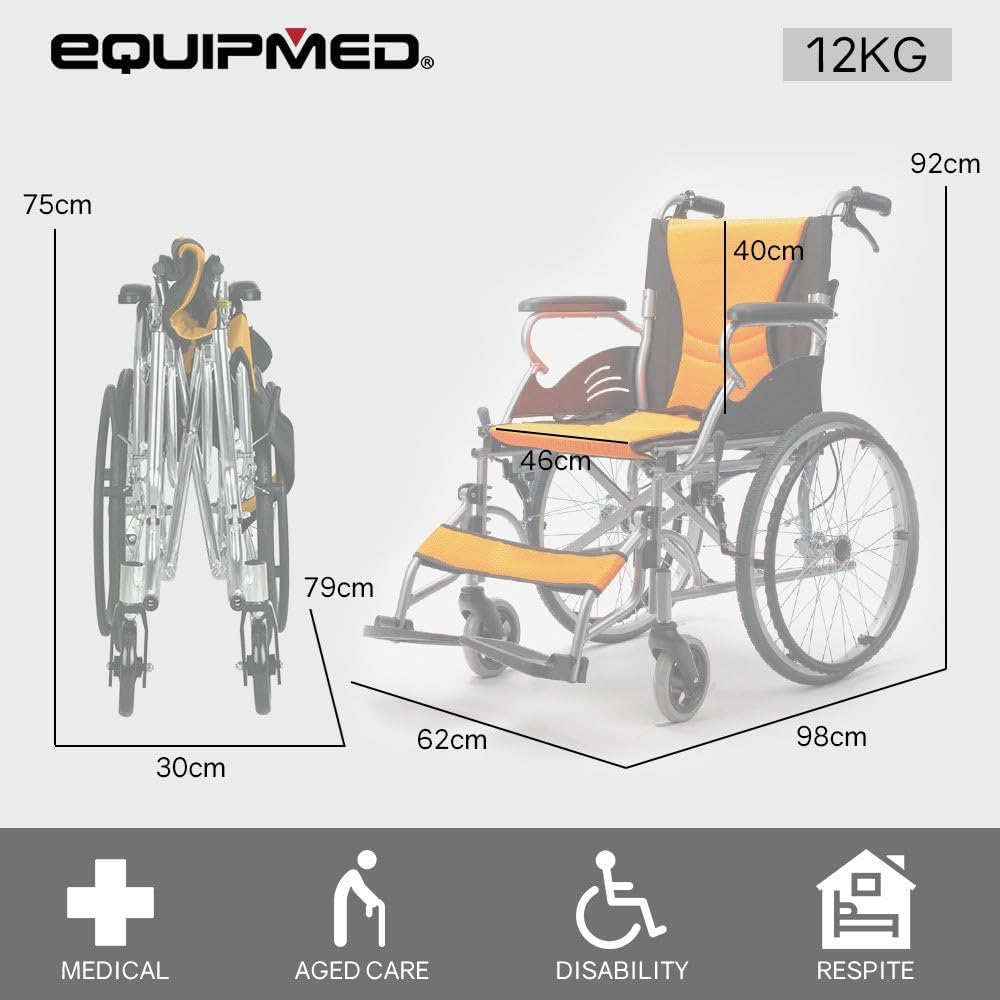 "Equipmed Folding Aluminium Wheelchair, 20"" Wheels, Park Brakes, 100Kg Capacity, Orange" image number 3