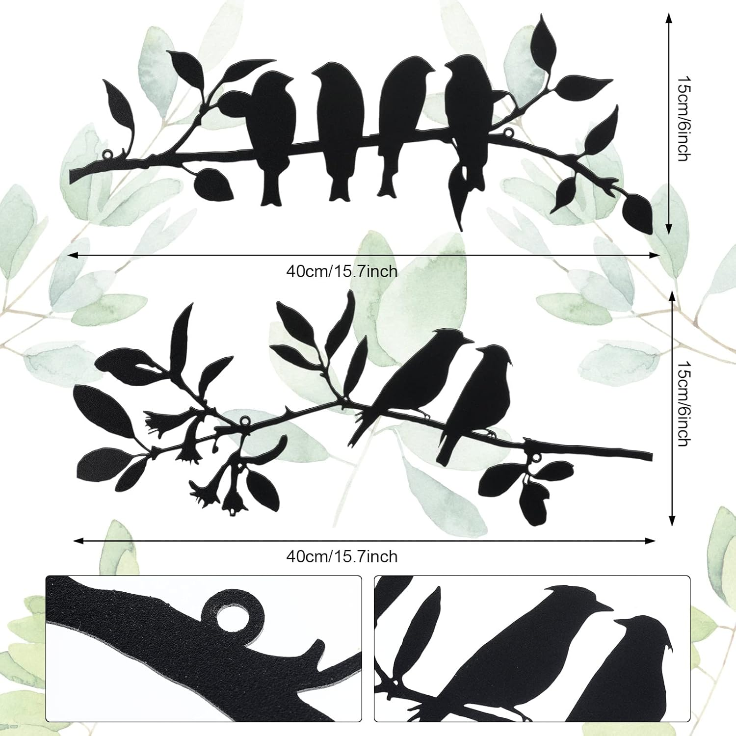 2 Pcs Metal Birds Wall Art - Vivid Birds on Branch, Hanging Leaves with Birds - Outdoor/Indoor Wall Decor, Rustic Bird & Leaf Decor for Balcony or Garden (Color: image number 3