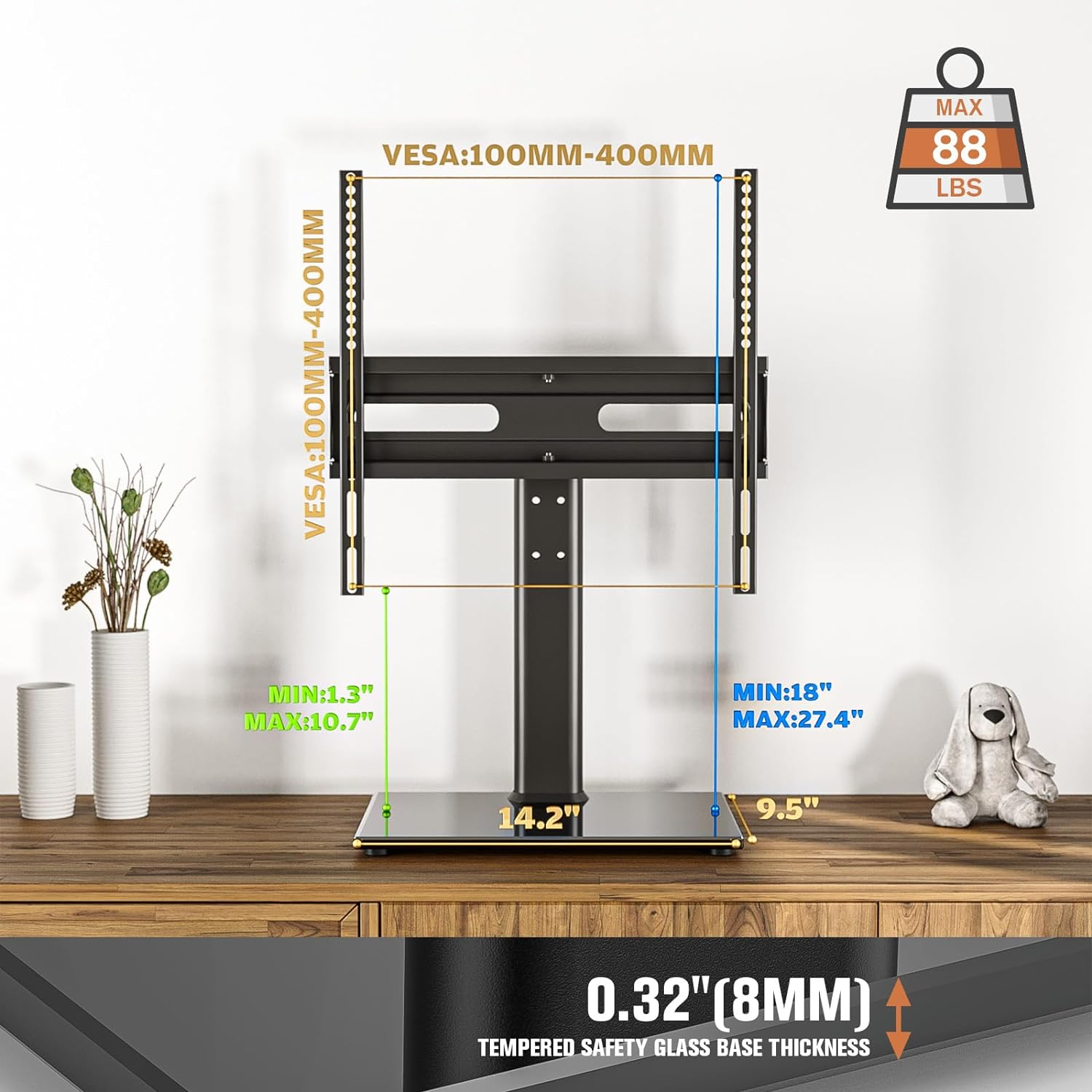 Hemudu Universal Swivel TV Stand/Base Table Top TV Stand with Wall Mount for 27 to 60 Inch 9 Level Height Adjustable, Heavy Duty Tempered Glass Base, Holds up to 88Lbs Screens, HT06B-002&hellip; image number 5