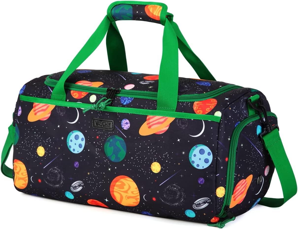 Kids Duffle Bag,Vaschy Travel Bag for Toddler Children Boys Water Resistant Overnight Duffel Ballet Dance Sport Carry on Weekender Bag with Shoes Compartment Dry Wet Pocket Green Space