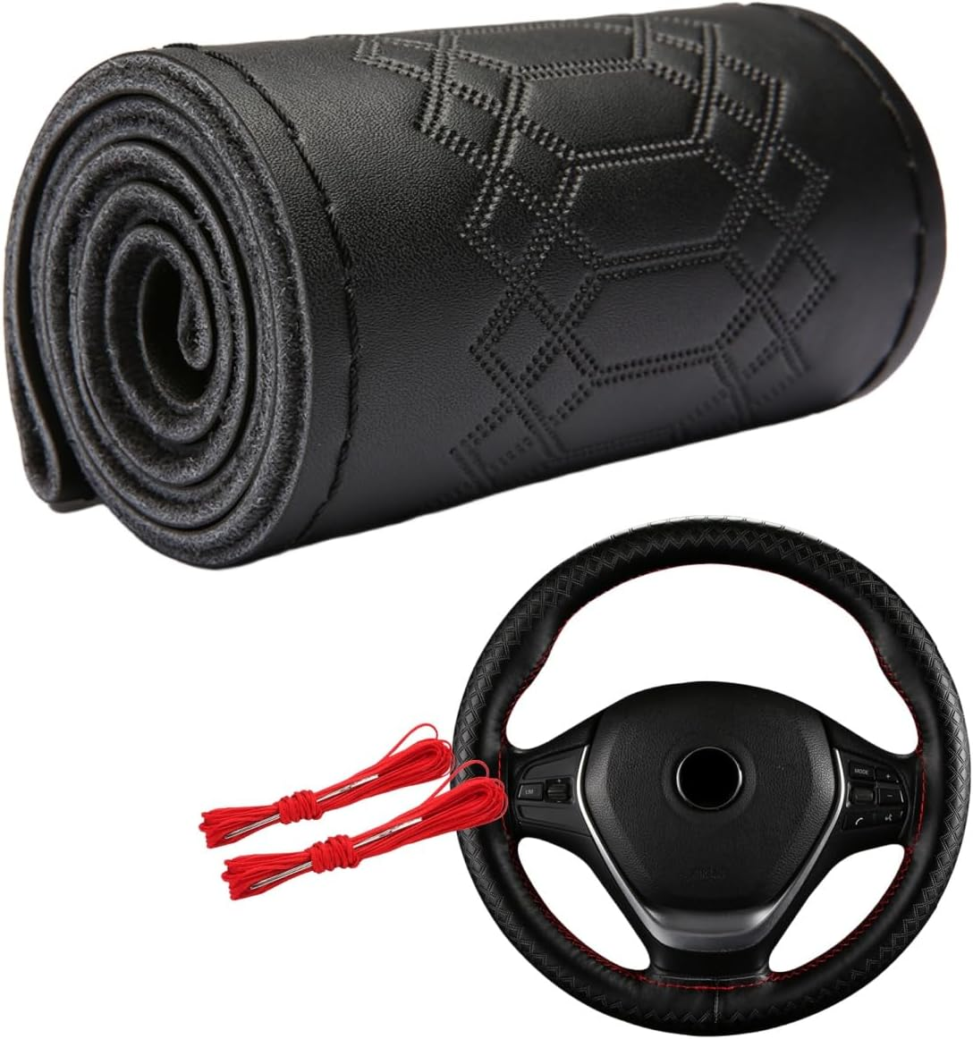 Universal Leather Steering Wheel Cover, Non-Slip Stitch on Wrap, DIY Car Wheel Cover Protector with Needle and Thread for Most Cars Suvs and Trucks