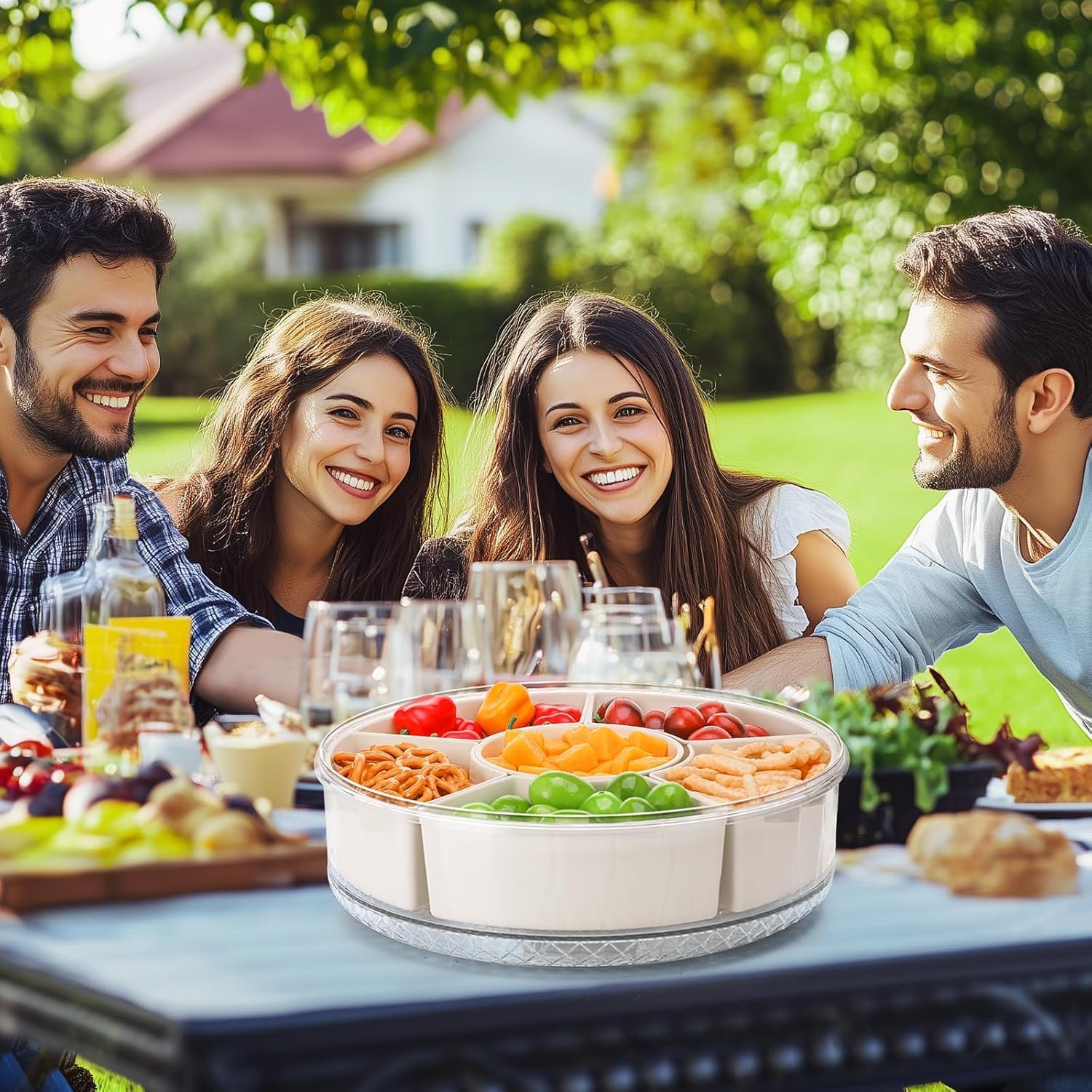 12In Divided Serving Tray with Lid and Handle, 360&deg; Rotation Large Snack Box Container, Multi-Purpose Veggie Tray, Snack Tray, Fruit Trays for Party Home Travel image number 1