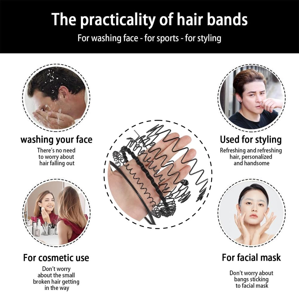 6 Pack Elastic Wavy Spring Wave Hair Band, Multi-Style Black Non-Slip Metal Hair Hoop, Unisex Headband Slicked Back Sports Hairband for Women Men