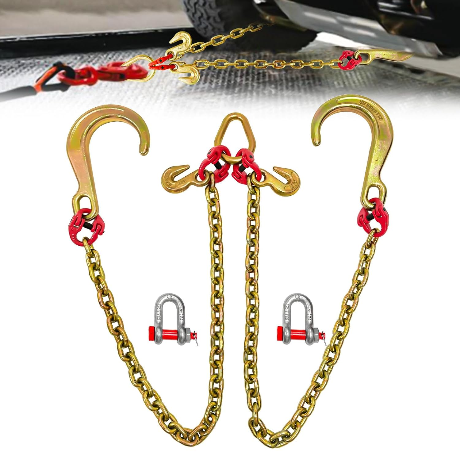 G80 J Hooks Tow Chain, 5/16" X 6' Recovery Tow Hooks Chain 15IN J Hook W/Rtj & Grab Hook, 18800LBS Tow Truck Accessories J Hooks, Bridle Tow Transport Chain, Wrecker Towing Truck Equipment, 2PCS