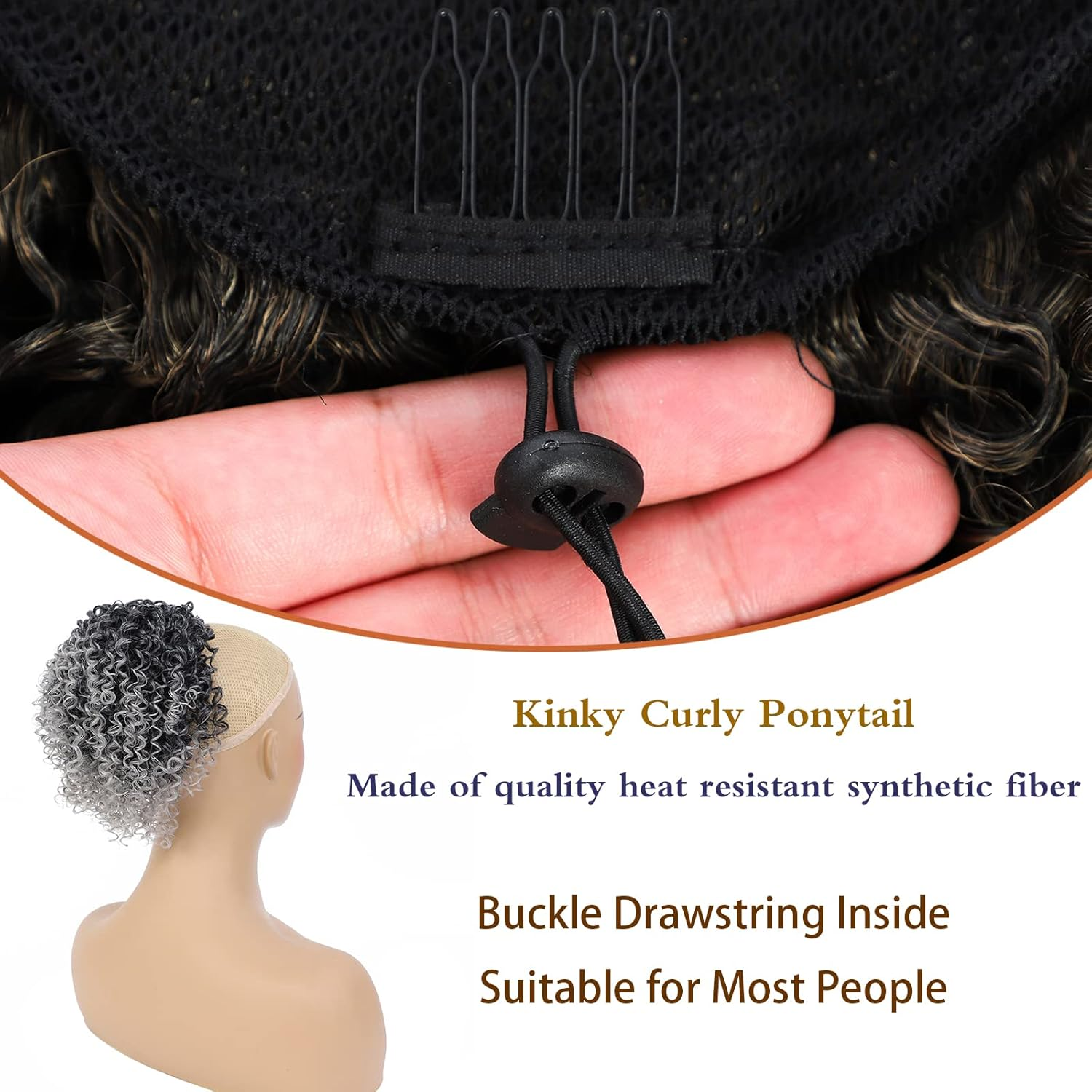 MNMNM Mawei-Zc-2X (Grey) Ponytail Extension Ponytail Hair Extension with Drawstring Afro Kinky Curly Drawstring Black Synthetic Fibre Hairpieces for Women 25 Cm image number 3