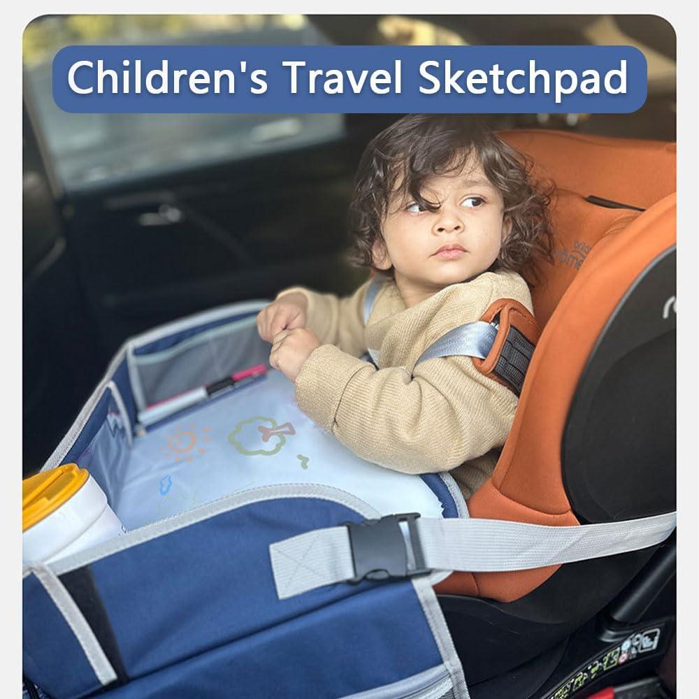 HYAVIA Kids Travel Tray with Whiteboard, Car Seat Drawing Board for Toddlers, Portable Activity Lap Tray with Storage Pockets & Adjustable Strap, Navy Blue, 44&times;34&times;11Cm image number 2