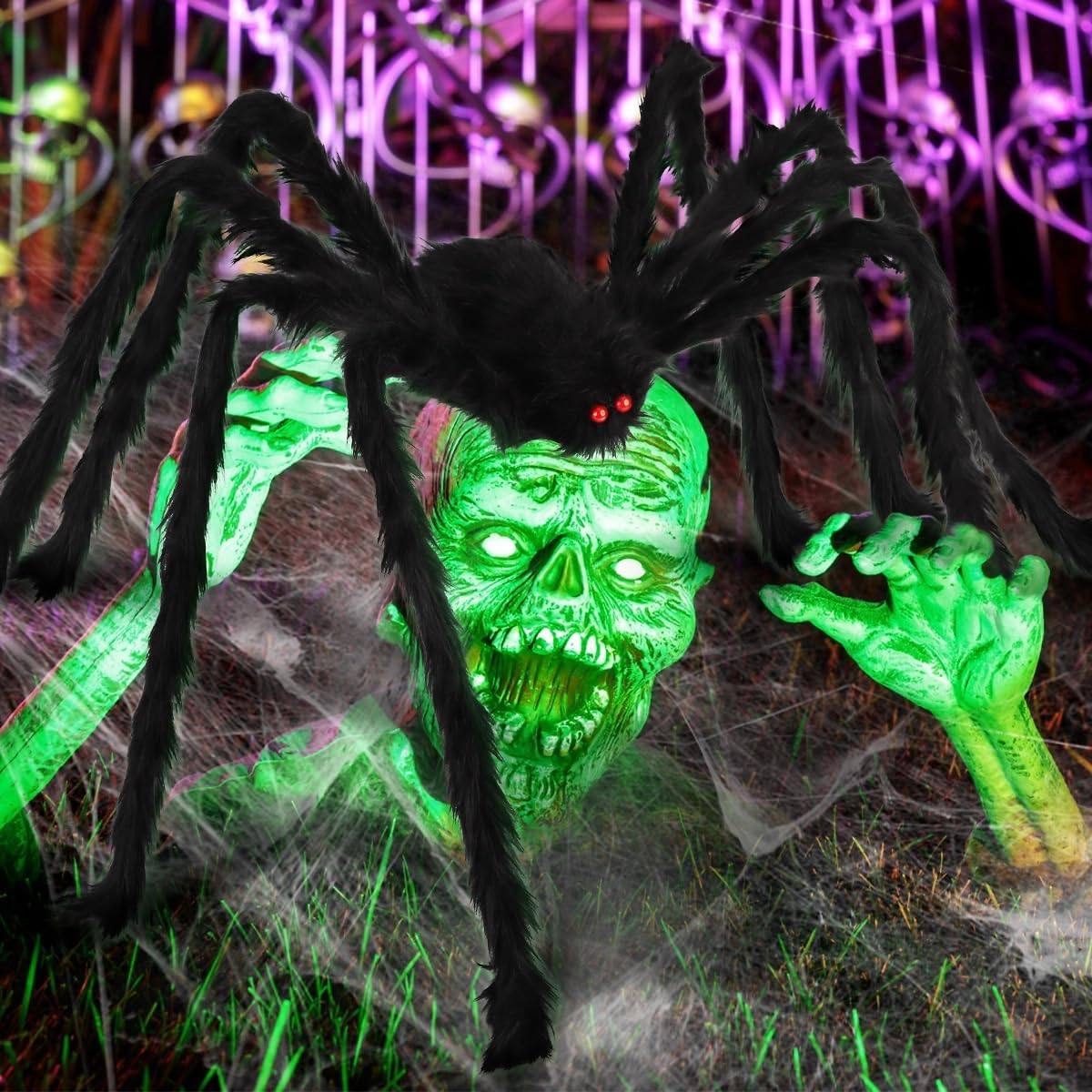 Halloween Spider Web & Giant Spider Decorations,Lifelike Hairy Spider Stretchable Web, All-Weather for Porch/Yard/Living Room, Complete Set with Installation Accessories image number 5