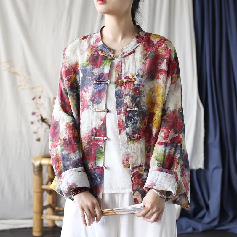 Vintage Long-Sleeve Hand-Made Frog-Button Loose Cardigan Jacket for Women image number 3