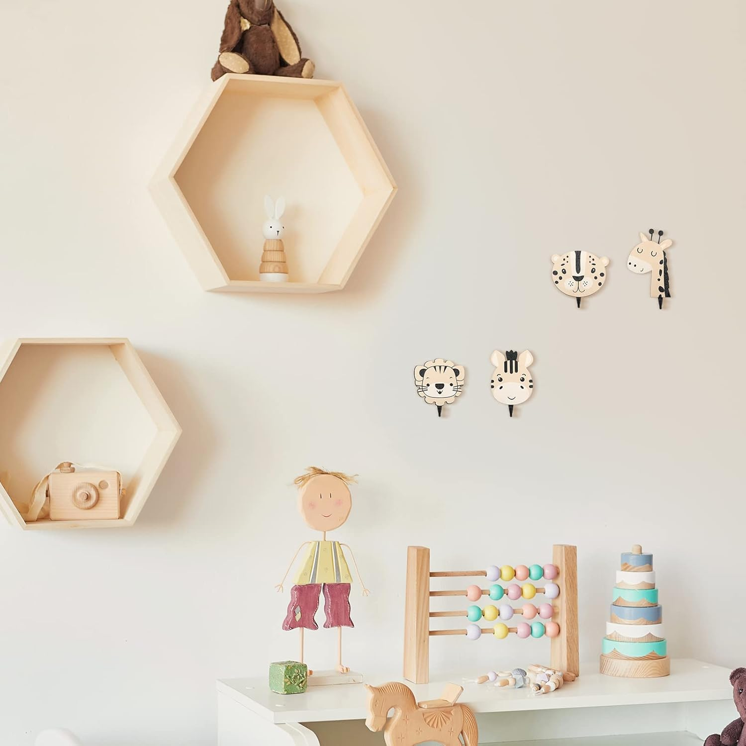 Qunclay 4 Pcs Safari Animal Decorative Wall Hooks Kids Wooden Jungle Baby Nursery Hooks Cute Towel Hanger for Childs Nursery Bathroom Bedroom Home Decor(Safari Animal) image number 4