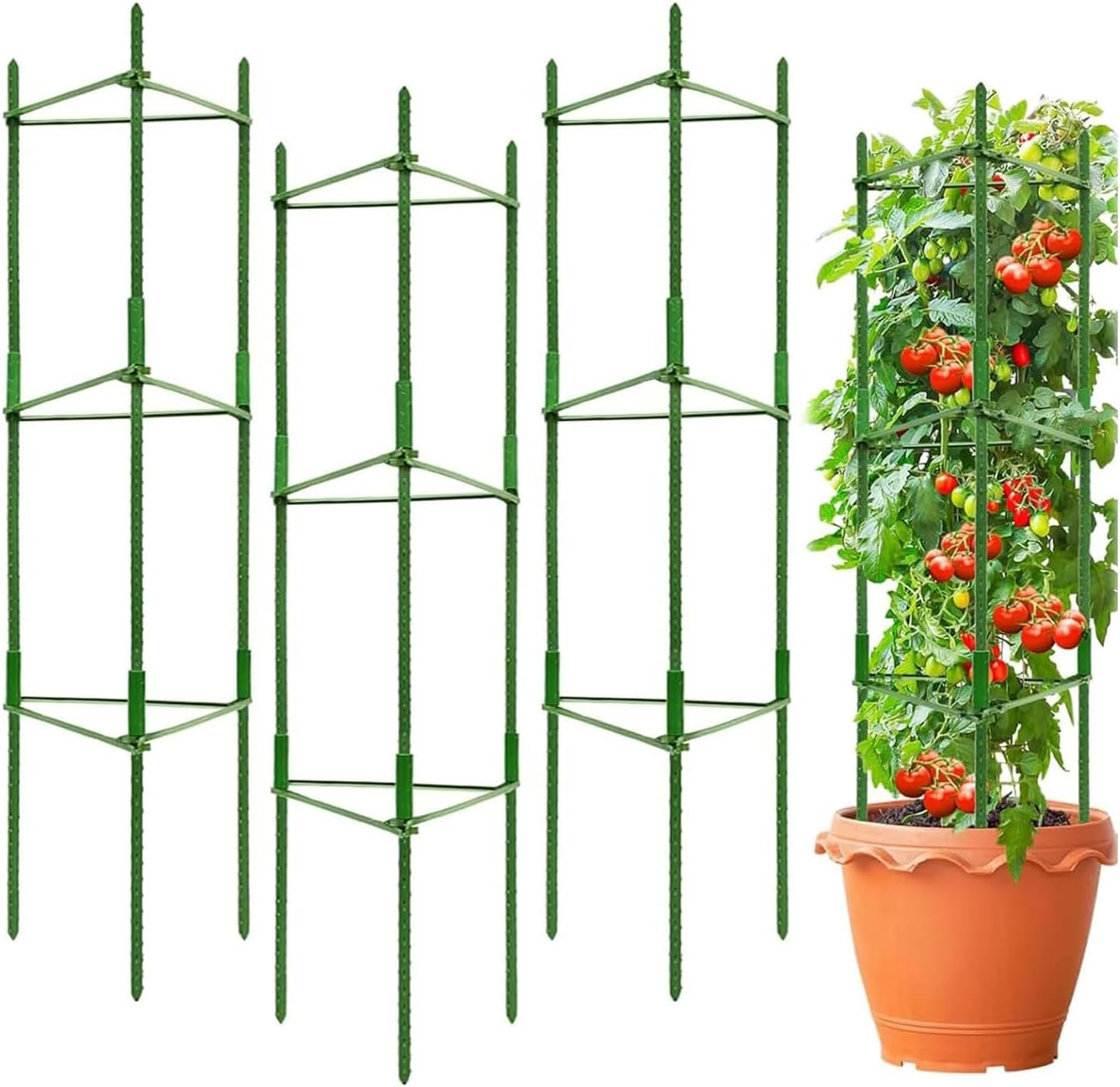 3Pack Tomato Cage for Garden, Plant Support Garden Stakes, Potted Trellis for Climbing Vegetables Plants Flowers, 32 * 32 * 120Cm Green