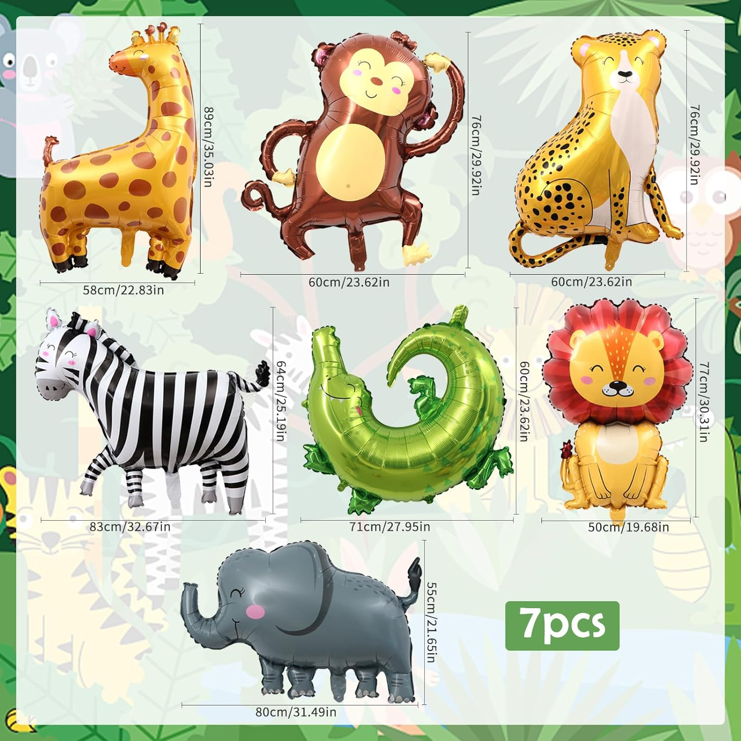 Pack of 7 Jungle Animal Balloons, 3D Jumbo Leopard Lion Monkey Zebra Giraffe Helium Balloon Set, Foil Balloon Forest Animals for Children Boys Girls Jungle Birthday Jungle Safari Animals Baby Shower image number 6