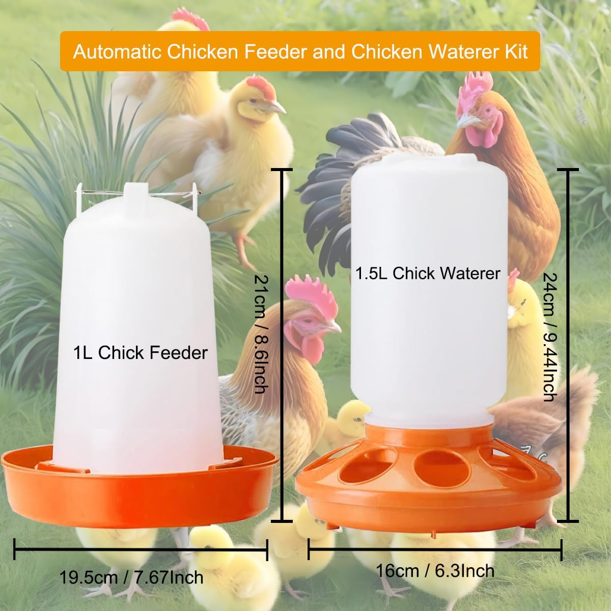 Automatic Chicken Feeder and Chicken Waterer Kit,1L Chick Feeder and 1.5L Chick Waterer,Chicken Water Dispenser,Chick Feeder and Waterer Kit,Easy Clean Plastic Feeding and Watering Feeder for Chicks image number 2