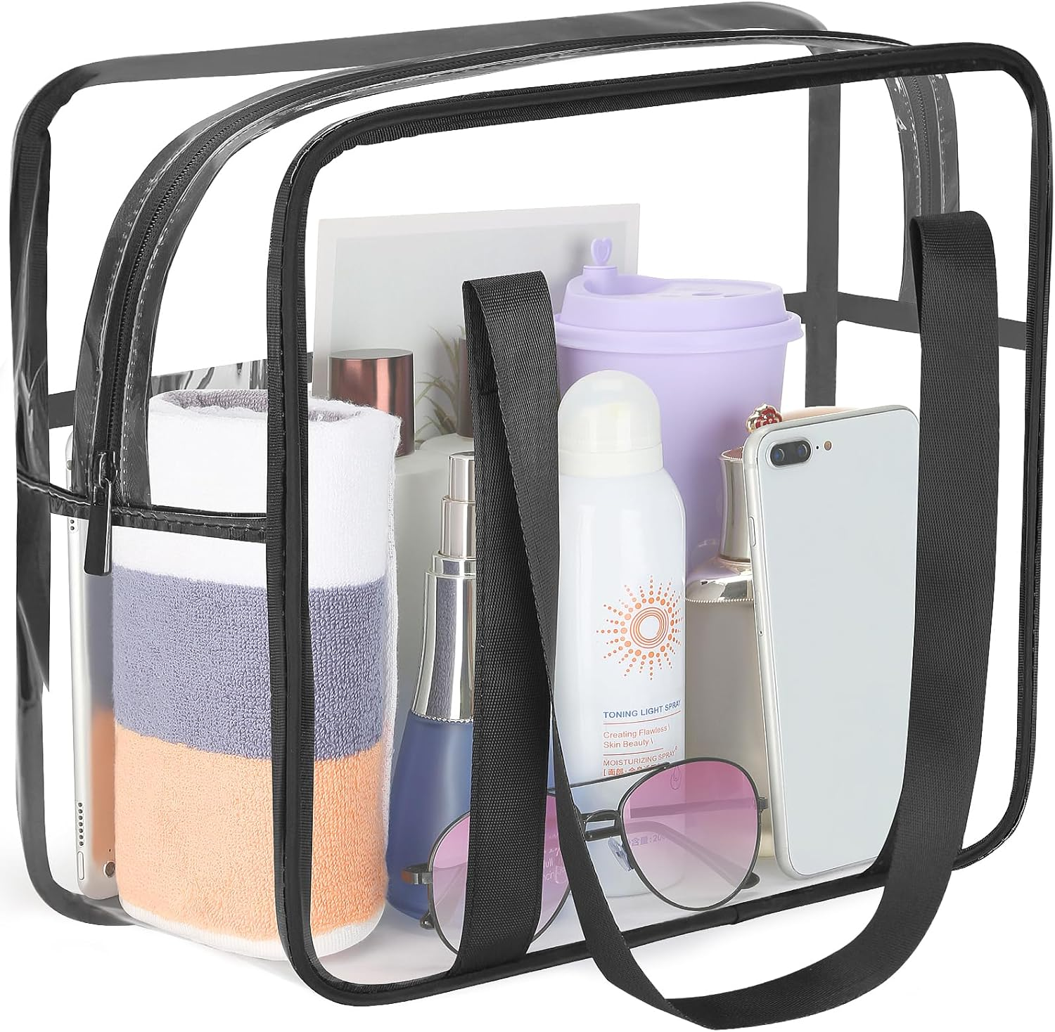 HAOGUAGUA Extra Large Clear Cosmetic Makeup Bag, Transparent PVC Tote Shoulder Bag Stadium Approved, Waterproof Toiletry Carry Pouch Makeup Artist Bag Diaper Bag, Black image number 6