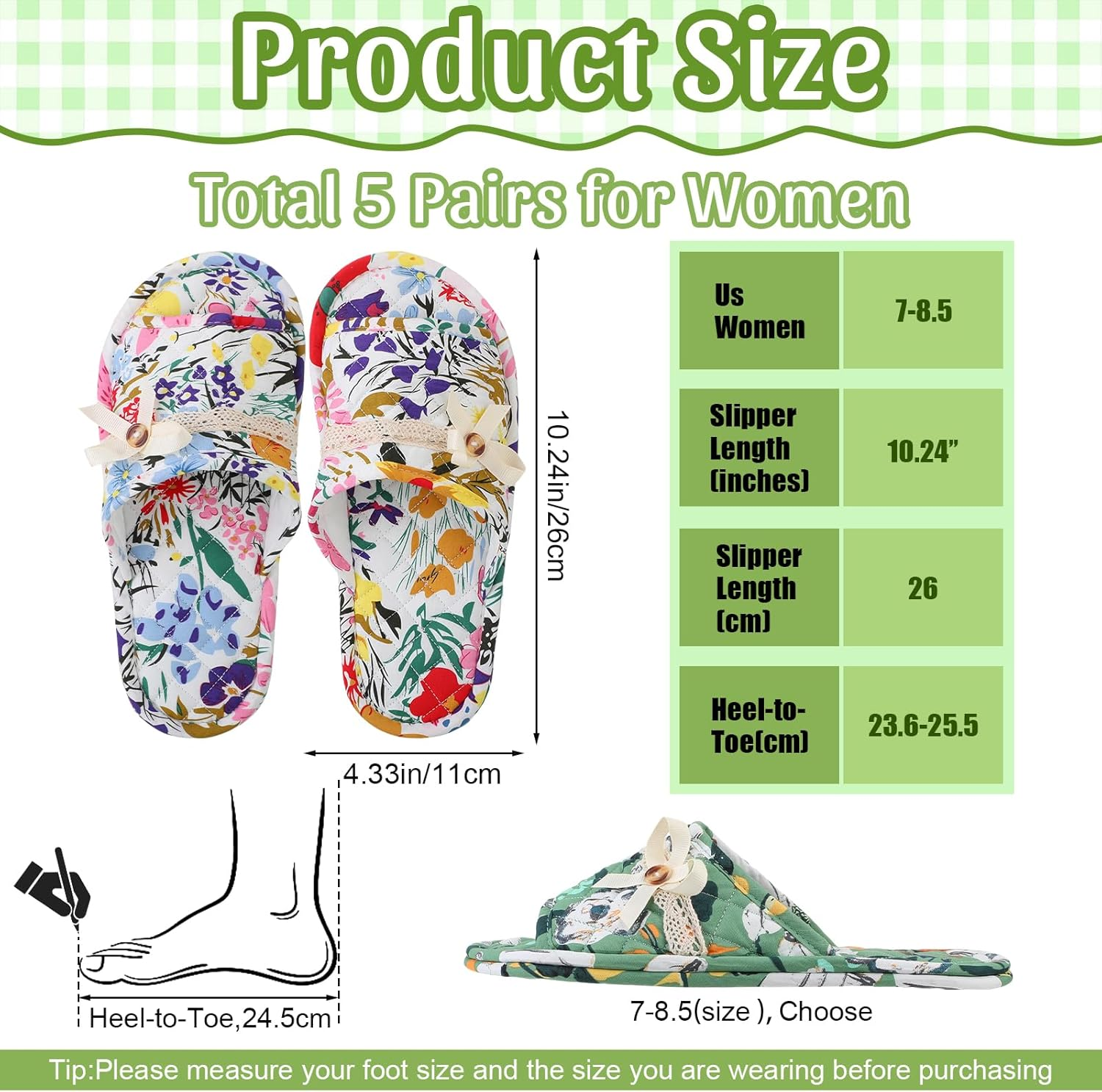 Chuarry 5 Pairs Floral Cotton House Slippers for Women, Soft Open Toe Indoor Spa Slippers for Guests Non Slip Washable Comfortable Portable Shoes for Hotel Travel Bedroom Airplane Party, as Shown, One image number 2