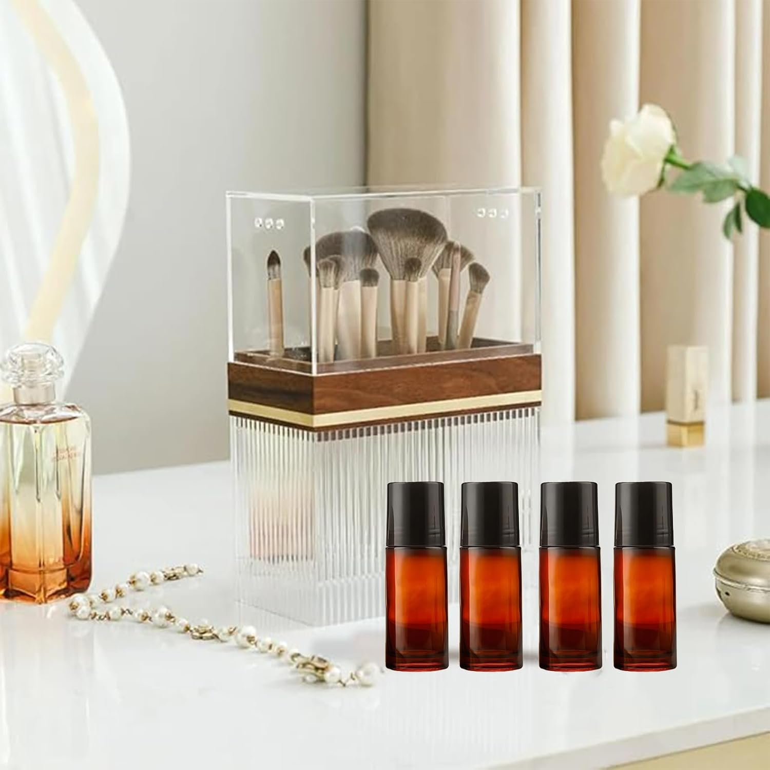 Mashano 4 Piece Empty 30Ml Amber Glass Essential Oil Bottles with Tumblers - Refillable Leak Proof Empty Thick Amber Glass Bottles image number 4