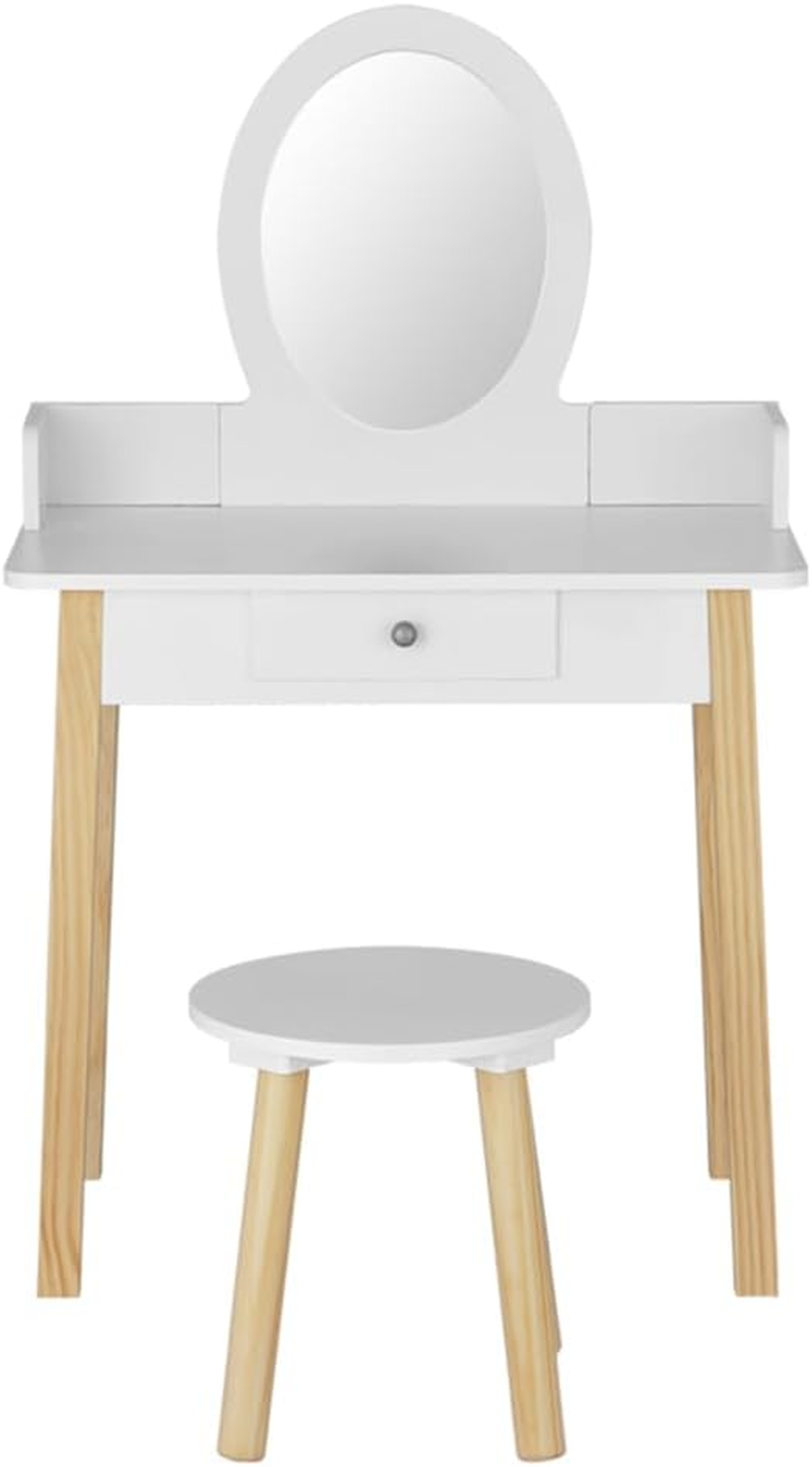 Keezi Kids Vanity Dressing Table Stool Set with Mirror Drawer, 2 in 1 Children Dresser Makeup Desk Chair for Girls Bedroom Furniture, MDF Board Smooth Surface with 4 Wooden Legs White