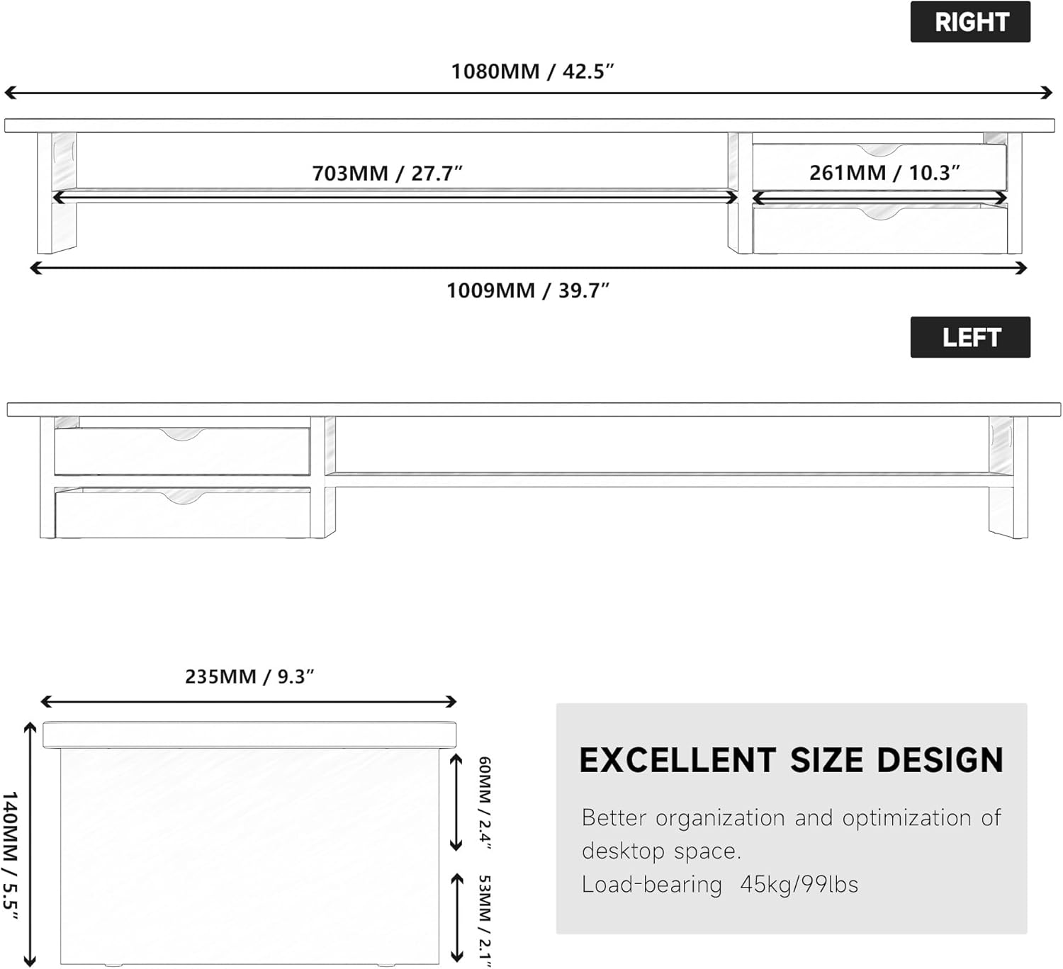 Fenge Dual Monitor Stand Riser with Drawers,2 Tier Wood & Acrylic Desktop Organizer for Computer, Laptop, Printer, TV Screen Riser,Oak image number 5