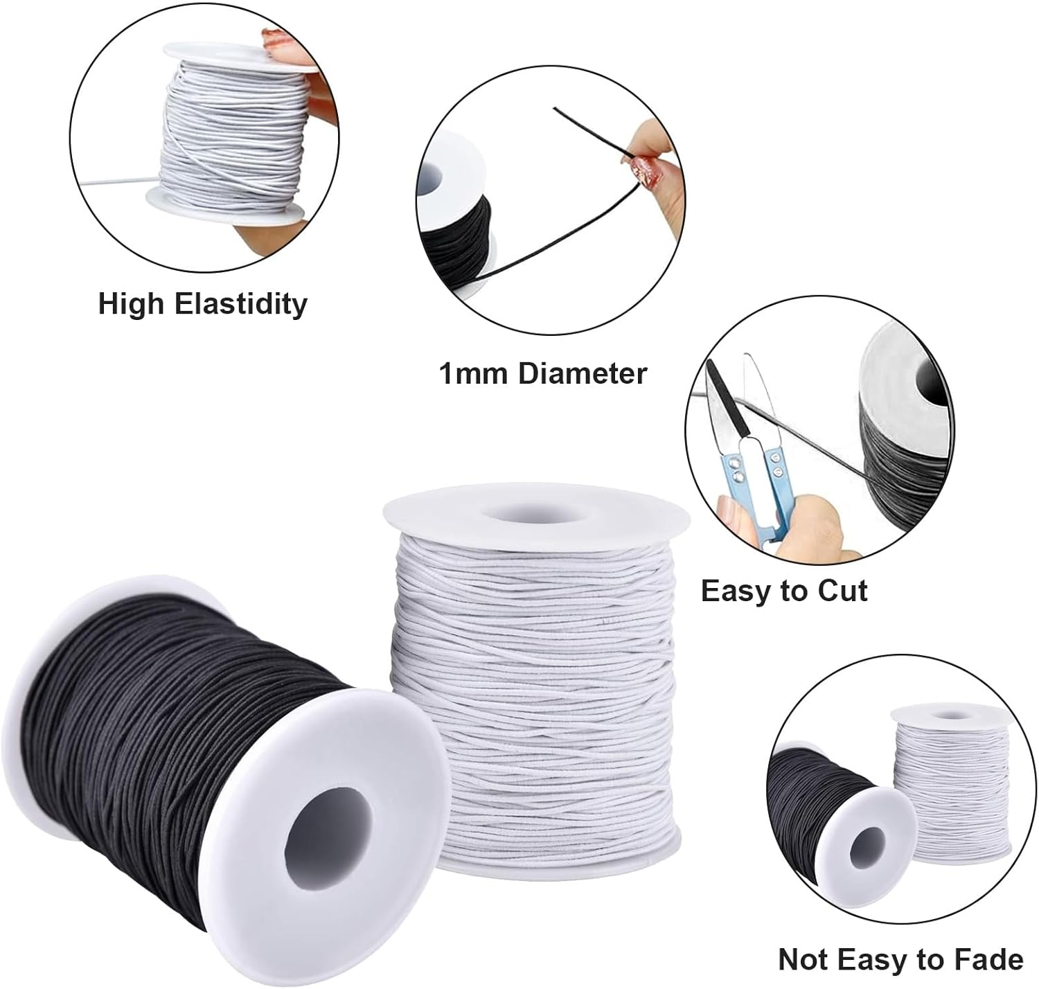 4 Roll 1 Mm Elastic String Cord Elastic Thread Beading String Cord for Jewellery Making Bracelets Beading (2White and 2Black) image number 2