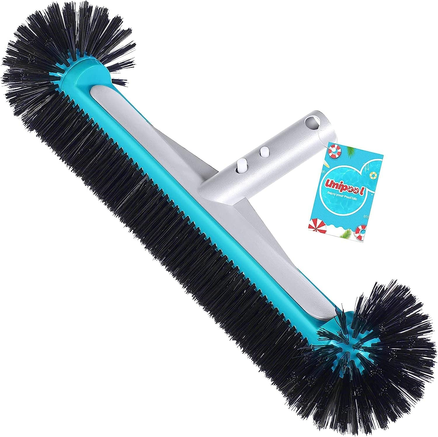 Professional Swimming Pool Brush Head with round Ends,17.5" Heavy Duty Aluminum Back for Cleaning Pool Walls, 7 Rows Premium Nylon Bristles with EZ Clips (Green Grey)