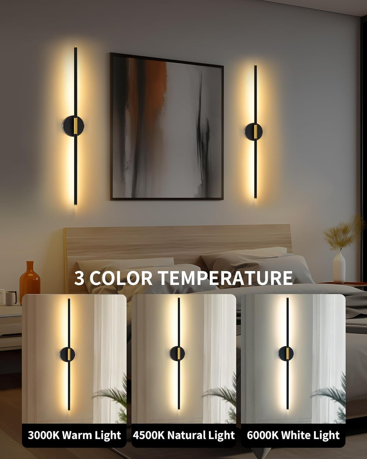 Battery Operated Wall Sconces Set of Two, 360&deg;Rotate Wireless Rechargeable Wall Sconces with Remote Control, Black Gold, Dimmable, Timing Decor Lights for Bedroom Hallway, 28.5 Inch image number 4