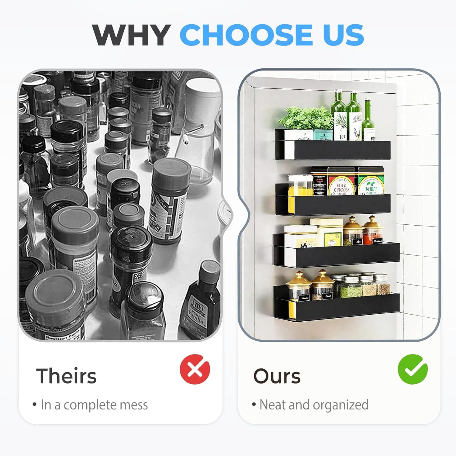 4 Pack Magnetic Spice Rack Organizer for Refrigerator, Magnetic Shelf for Refrigerator and Microwave Oven, Metal Fridge Organizers and Storage for Kitchen (Black)