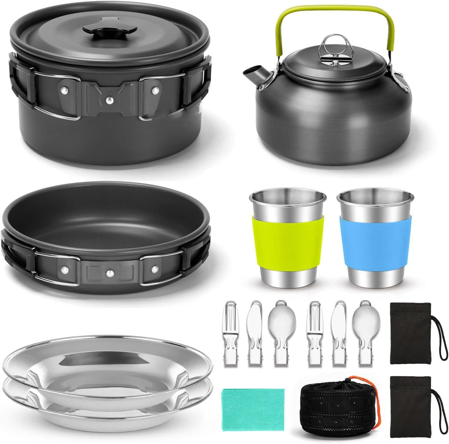 15Pcs Camping Cookware Mess Kit, Non-Stick Lightweight Pot Pan Kettle Set with Stainless Steel Cups Plates Forks Knives Spoons for Camping,Outdoor Cooking and Picnic (Black) image number 2