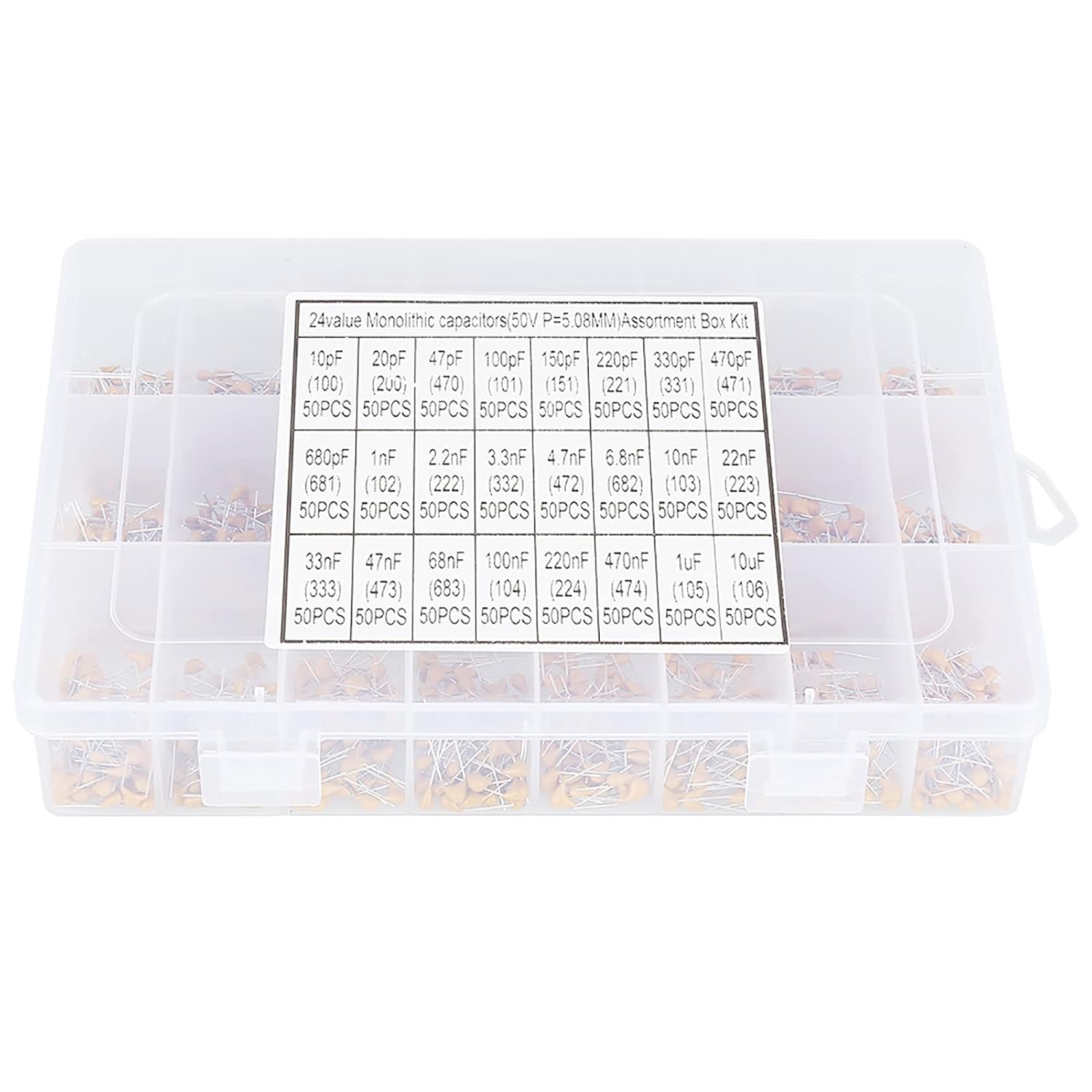 1200Pcs 24 Values 50V Capacitor Assortment, Compact and High-Capacitance Capacitors for Electronics Enthusiasts, Mattjo with Transparent Box for Easy Storage image number 5