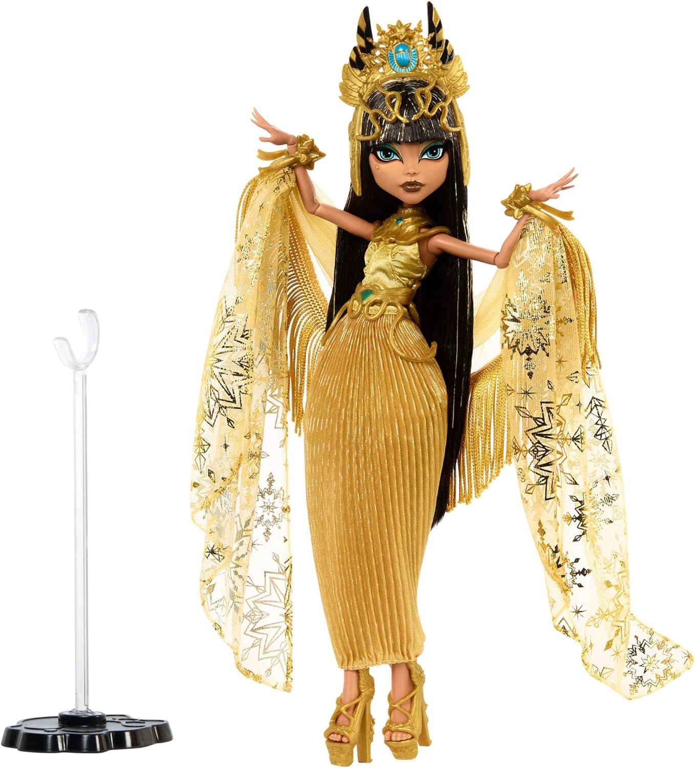 Monster High Howliday Doll, Winter Edition Cleo De Nile Collectible in Golden Gown with Gleaming Accessories and Shimmery Fringe Shawl image number 6