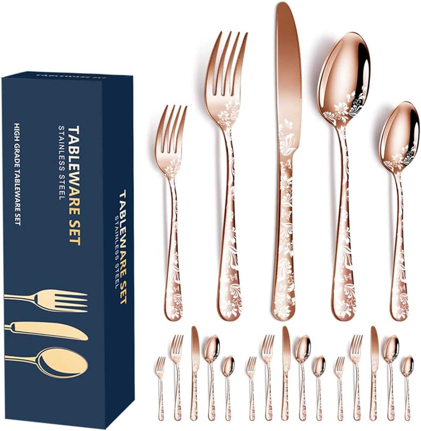 20Pcs Stainless Steel Flatware Set, Unique Flower Pattern Silverware Set Service for 4 People, Silver Cutlery Set with Knives/Forks/Spoons, Mirror Polished Utensil Set for Kitchen, Dishwasher Safe