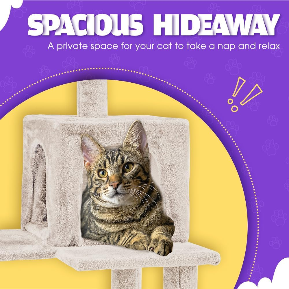 Cat Tree Tower, 142CM Multi-Level Cat Tower for Large Cats, Kitten Furniture Activity Center with Cozy Hammock, Condo, and 4 Sisal Scratching Posts, Beige image number 2