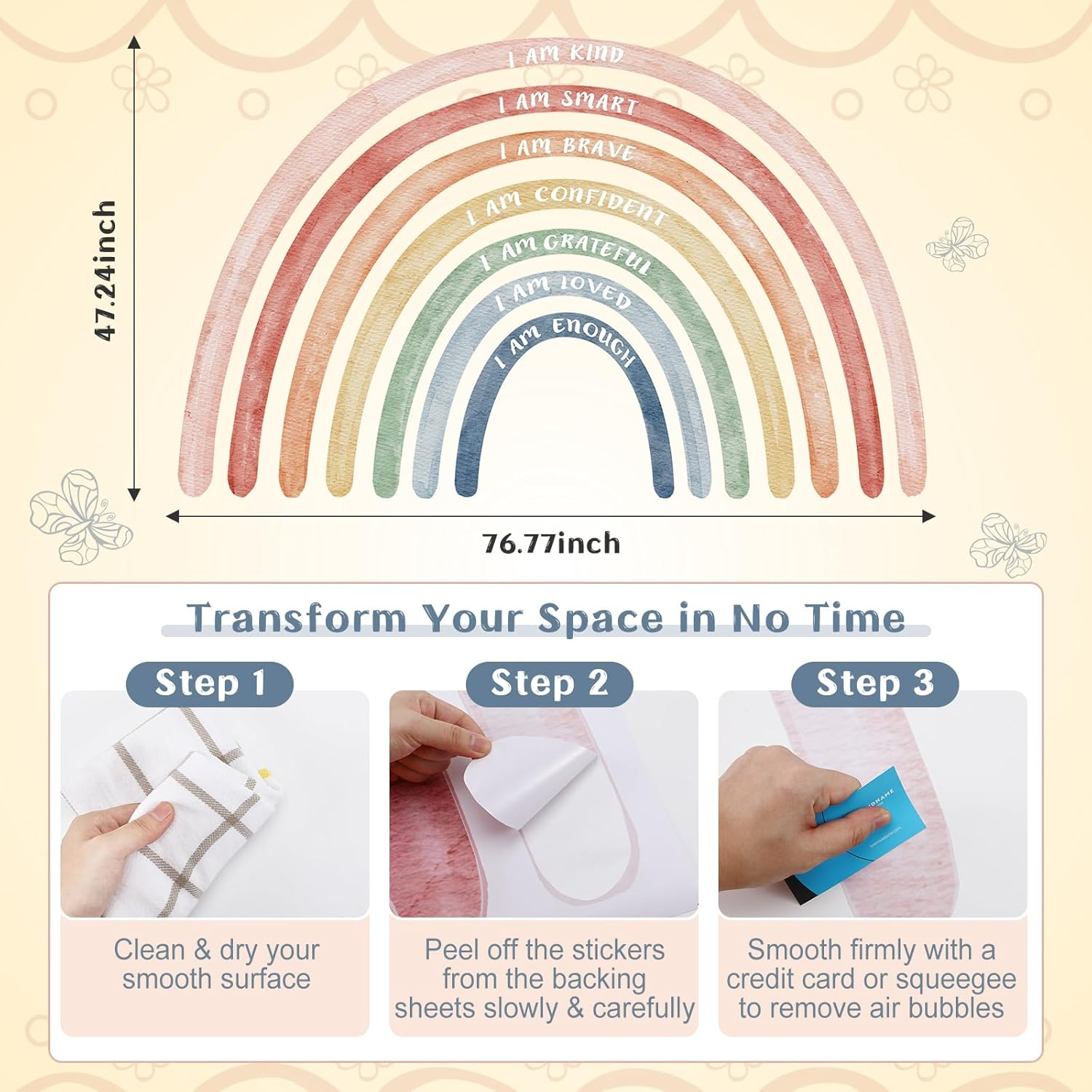 Tinideya 76.77X47.24'' Watercolor Large Rainbow Wall Decal Classroom Wall Decor with Inspirational Quote Peel and Stick Stickers Waterproof Wallpaper for Girls Kids Bedroom Nursery Playroom(Cute) image number 3