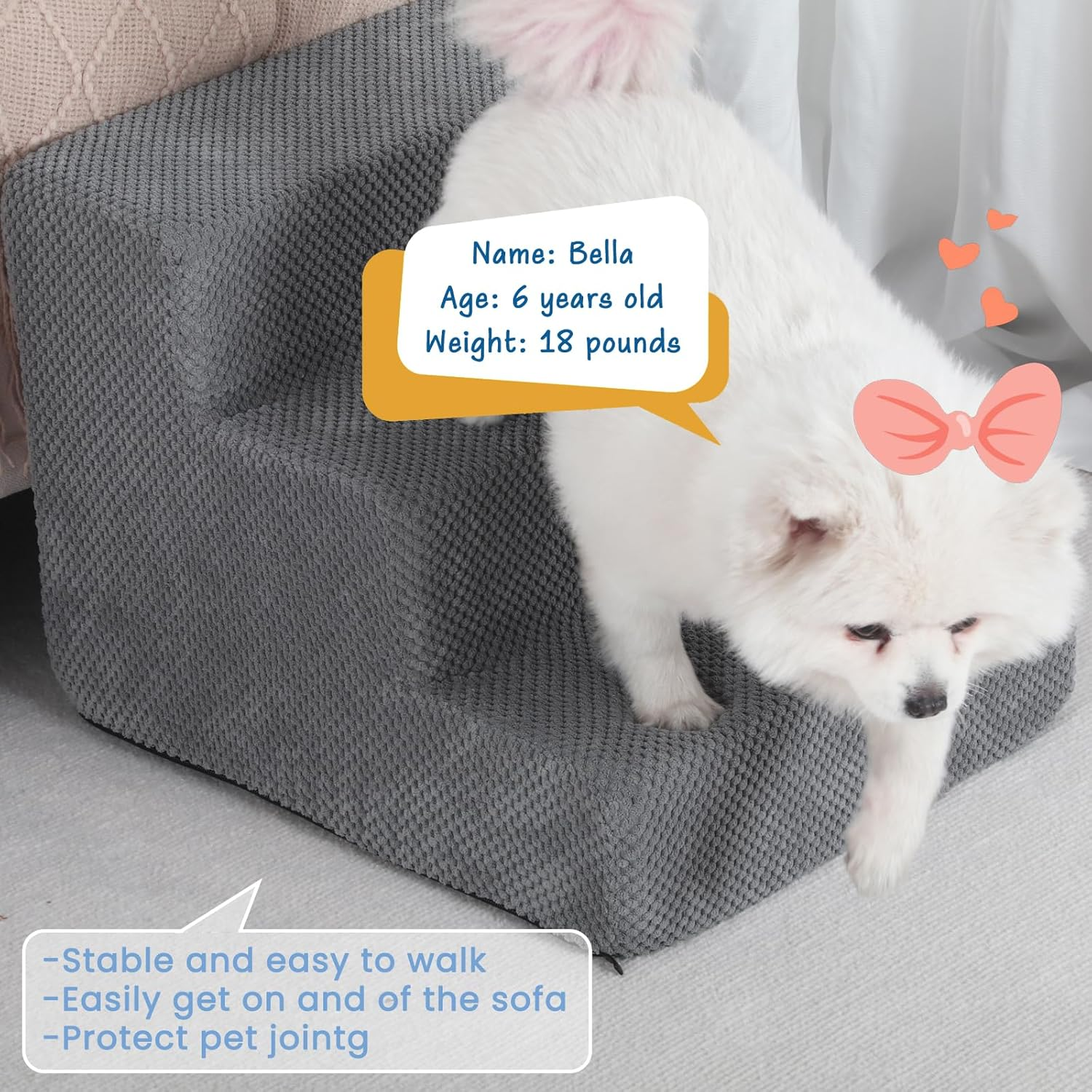 Dog Stairs for Small Dogs & Cats, 3-Step Non-Slip Pet Steps for Couch Sofa and Chair, Grey, 13.6" H image number 1