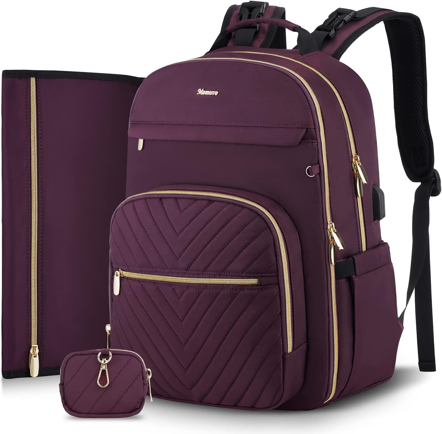 MOMUVO Diaper Bag Backpack, Quilted Baby Bag with Changing Pad & Stroller Straps & Pacifier Case, Large Travel Diaper Bags