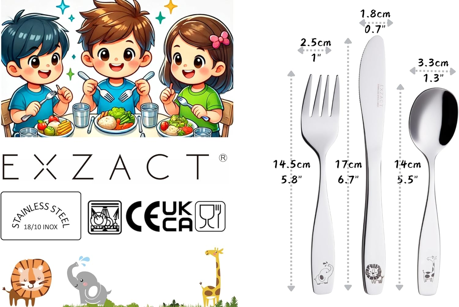 Exzact Children'S Cutlery12Pcs Stainless Steel 18/10 Kids Cutlery/Toddler Utensils/Flatware - 4 X Forks, 4 X Safe Dinner Knives, 4 X Table Spoons - Safari - Giraffe Elephant Lion image number 3