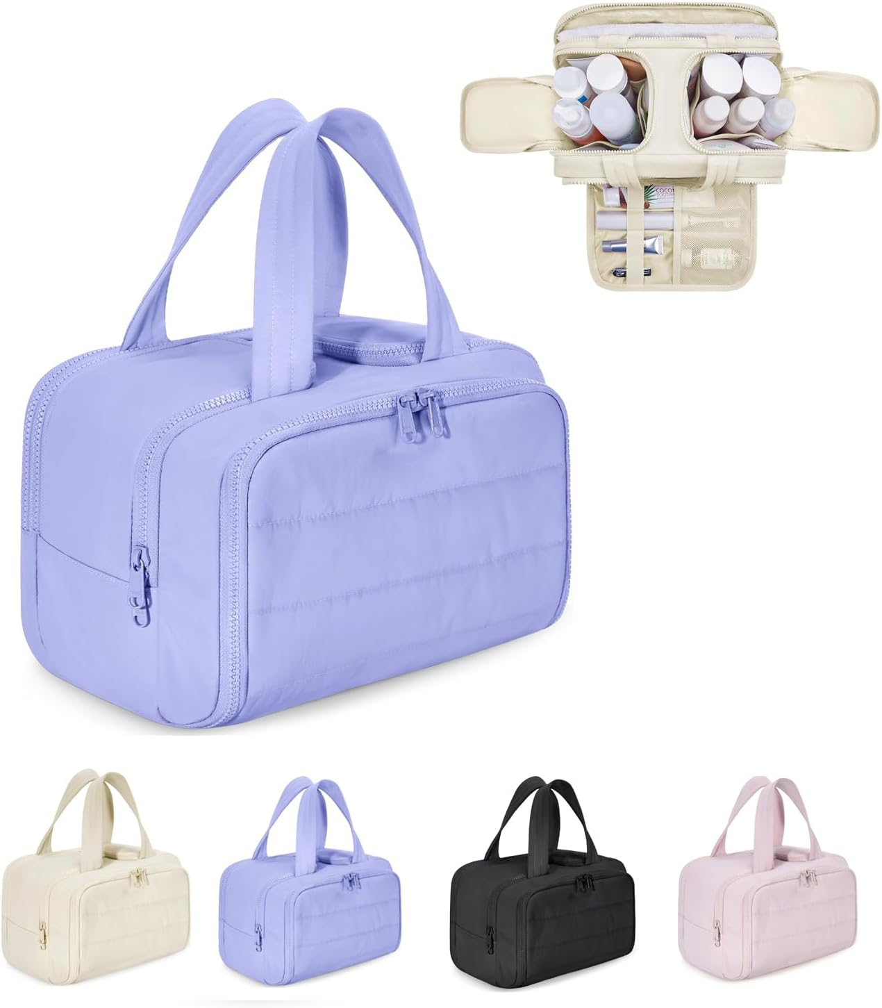 Travel Toiletry Bag, Large Makeup Bag with 4 Compartments, Lightweight Cosmetic Bag, Waterproof Toiletries Organiser for Women & Girls Travel Essentials (Pink)