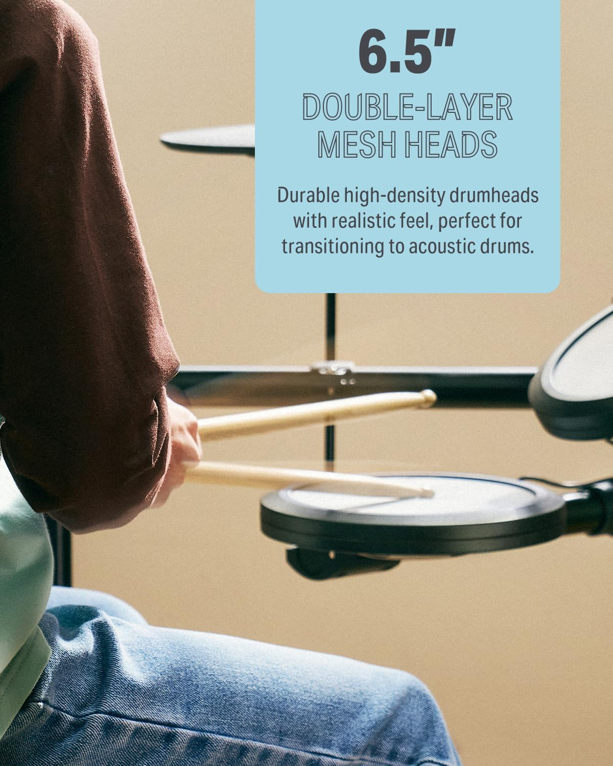 Donner DED-70 NEW Electric Drum Set, Electronic Drum Kit for Beginner with 150 Sounds, 4 Quiet Mesh Pads, 9" Cymbals, USB MIDI, Type-C Charging, 2 Pedal, Throne, Headphones, Sticks, Melodics Lessons image number 6