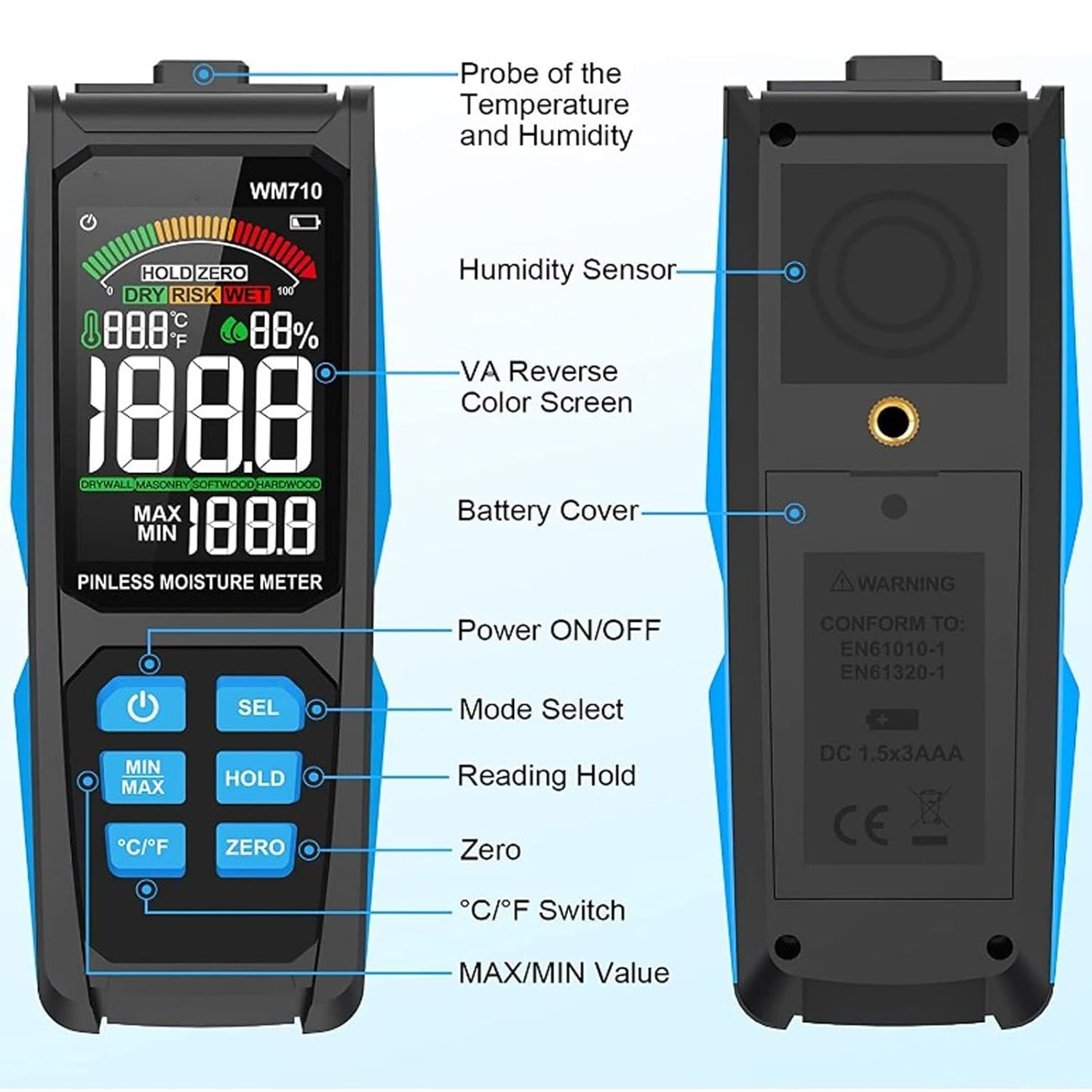 Pinless Moisture Meter for Leak Detection, Digital Wood Moisture Detector Wall Humidity Sensor Water Damage Detector for Building Materials image number 1