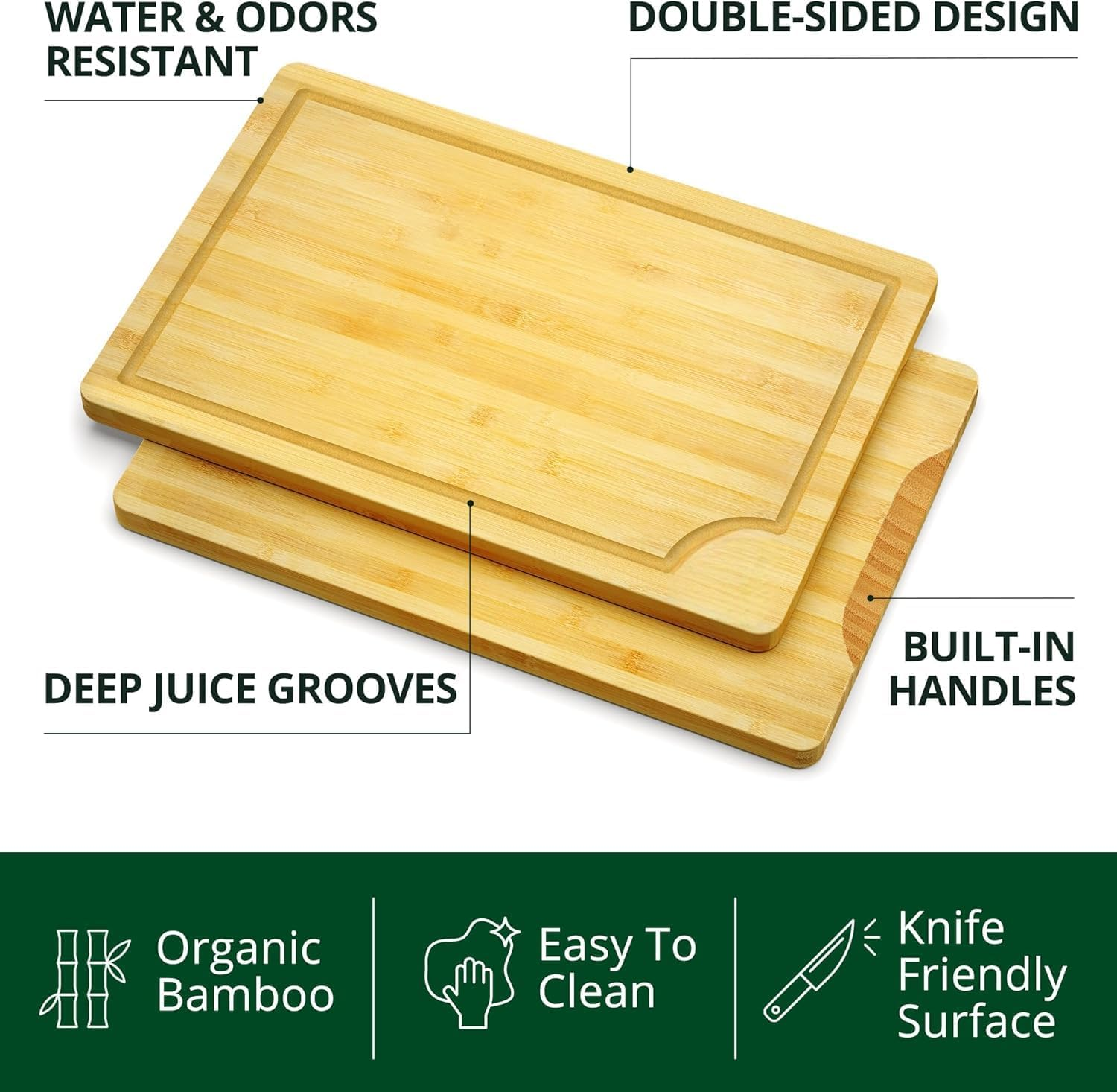 Wooden Cutting Boards for Kitchen Meal Prep & Serving - Bamboo Wood Serving Board Set with Deep Juice Groove Side Handles - Charcuterie & Chopping Butcher Block for Meat (Natural) image number 5
