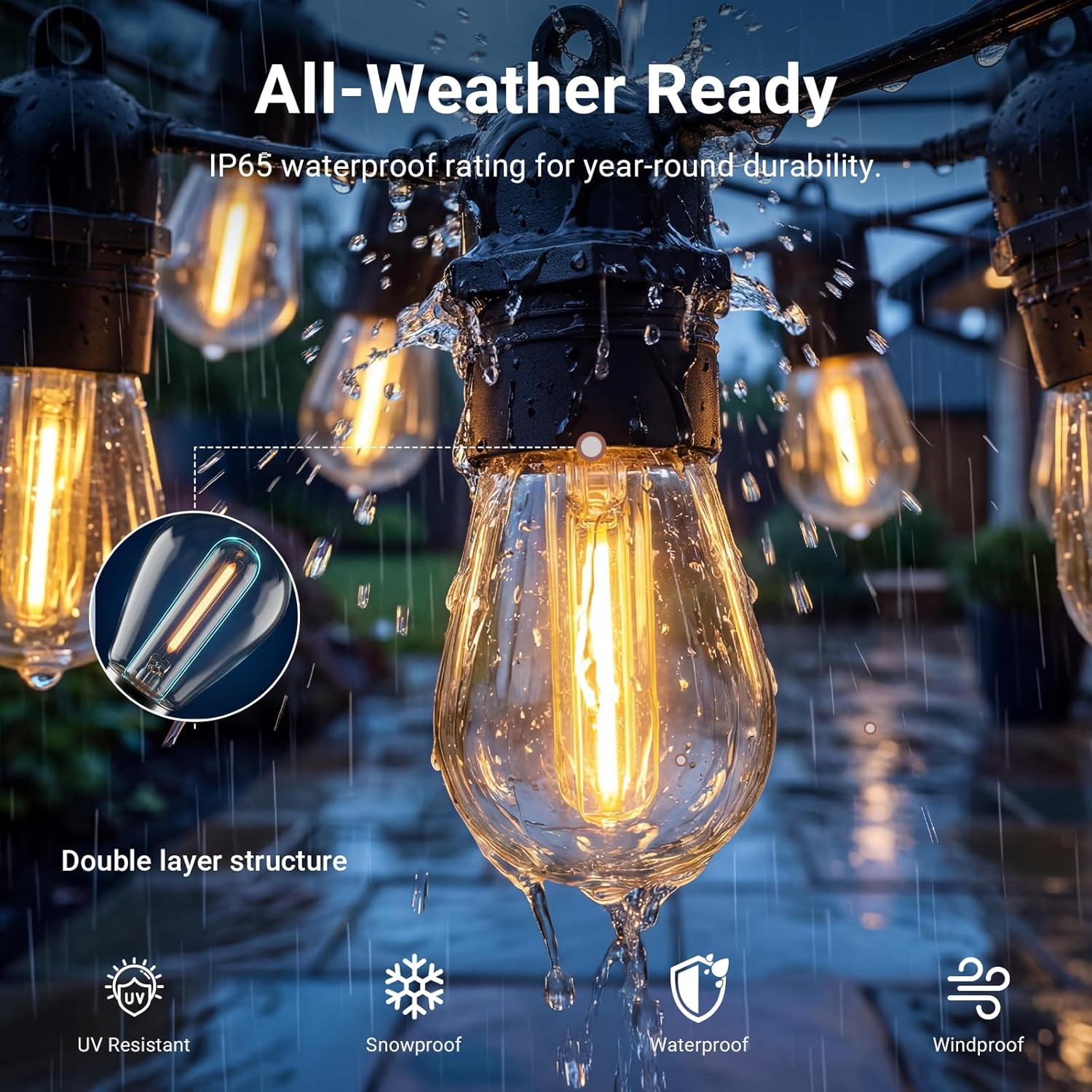 LIWEGHT Festoon Lights Outdoor, 15M 15Bulbs+1Spares LED Outdoor Lights, Christmas String Lights, IP65 Waterproof and Shatterproof Fairy Lights for Garden, Party, Camping image number 2