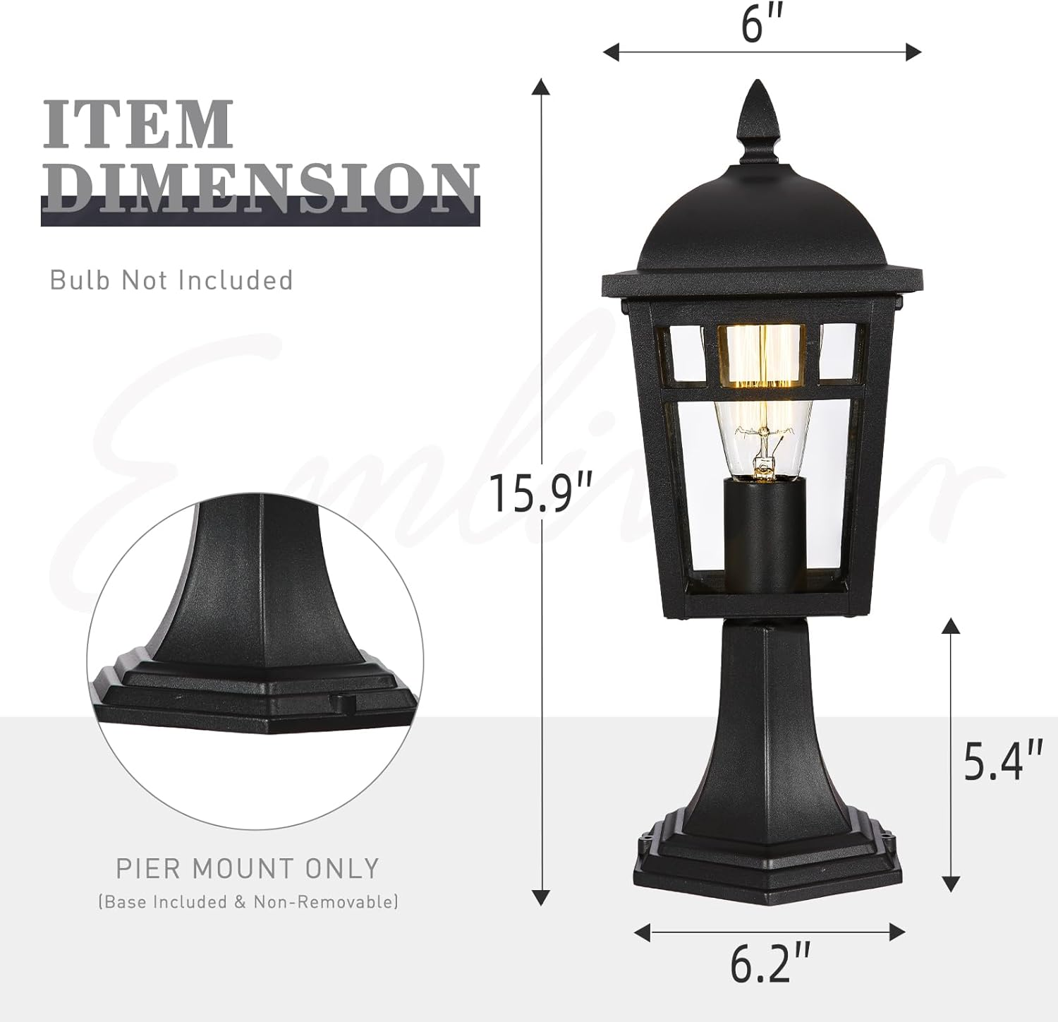 EMLIVIAR 16'' Outdoor Lamp Post Light Fixtures, Exterior Post Lighting Fixture, Die-Cast Aluminum with Clear Glass Shade and Black Finish, AUD02P BK image number 3