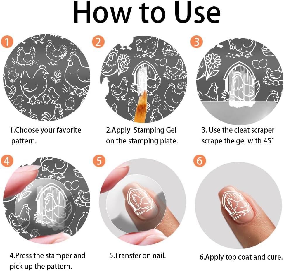 PH Pandahall 3Pcs Farm Theme Nail Stamp Plate Chickens Ducks Pattern Print Art Template Stainless Steel Nail Image Plate Farm Animals Nails Stencils for Women DIY Printing 4.7X2.3 Inch image number 3