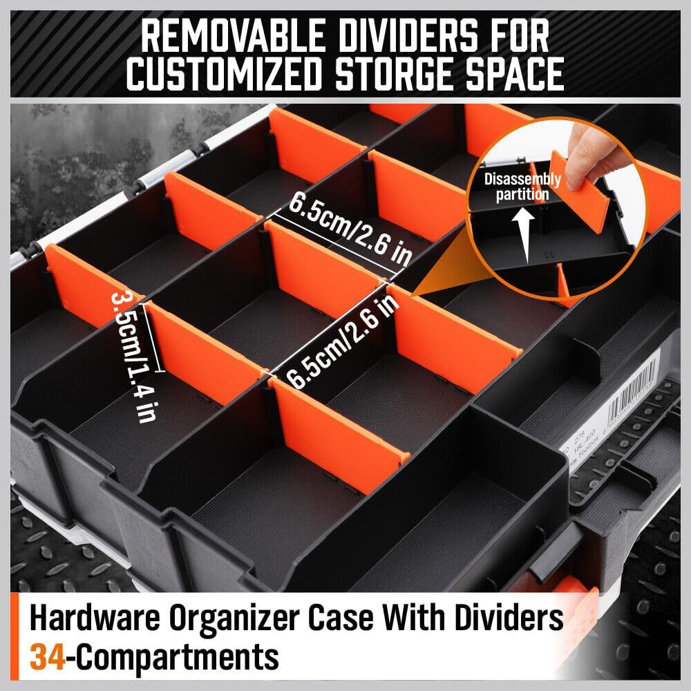 HORUSDY 34-Compartments Double Sided Organizer, Storage Box with Impact Resistant Polymer and Customized Removable Plastic Dividers, Storage and Carry Tool Box, Black/Orange