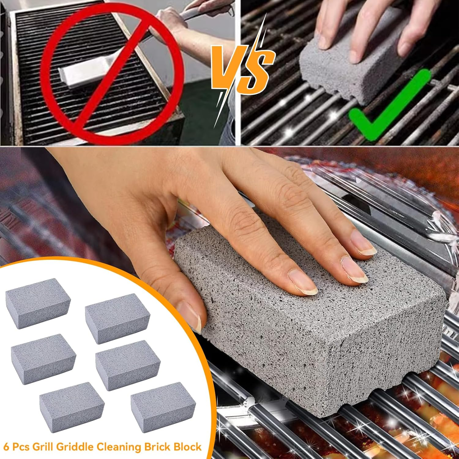 6 Pcs Grill Griddle Cleaning Brick Block, Barbecue Cleaning Stones, No Scratches Reusable Ecological Grill Cleaning Block, Pumice De-Scaling BBQ Block for Remove Grill Barbecue Nets Greases Stains (6) image number 6