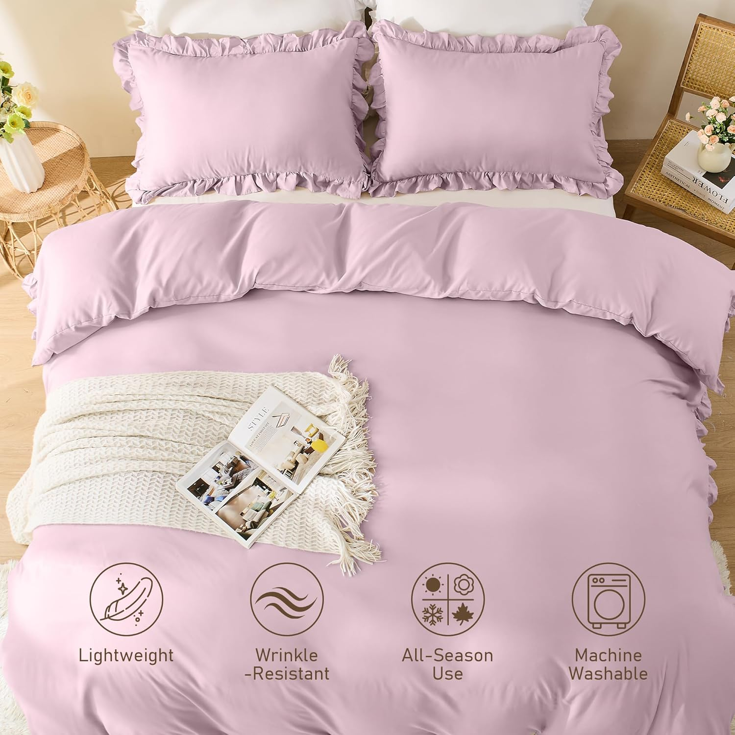 LINENOVA Ruffle Quilt Cover Set King &ndash; Ultra Soft 2000TC Microfibre Duvet Doona Cover with Corner Ties & Button Closure &ndash; 3-Piece Bedding Set with 2 Pillowcases - Light Pink image number 2