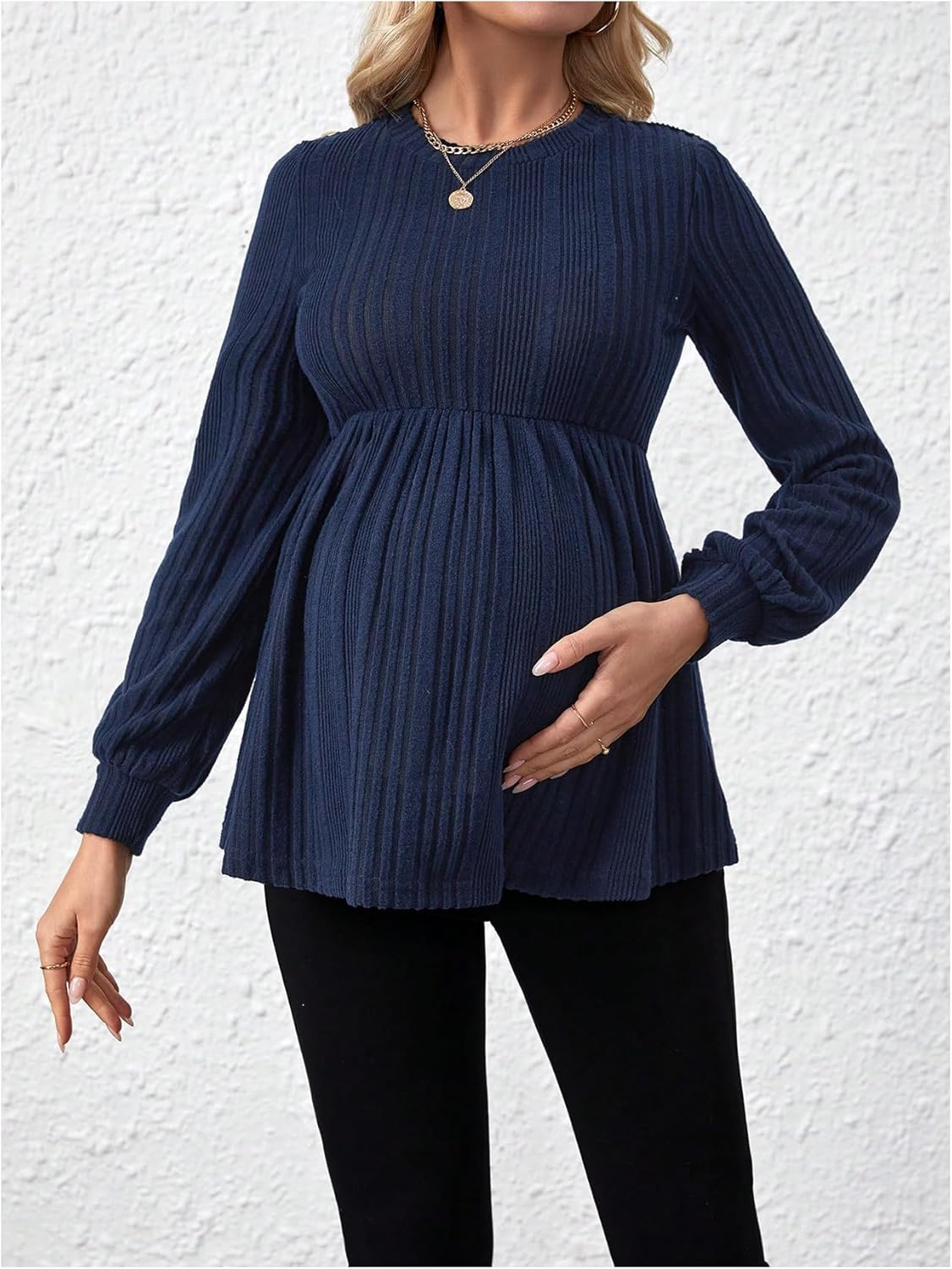 MAKEMECHIC Women'S Maternity Tee Shirt Crew Neck Rib Knitted Long Sleeve Peplum Tops image number 5