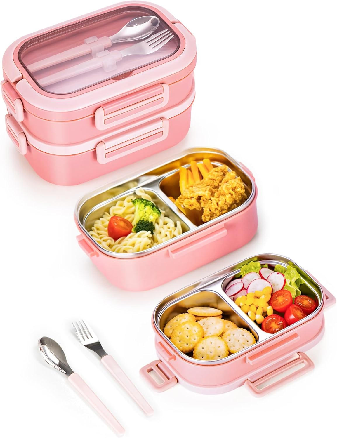 Lille Home Lunch Box, 2 Tier Bento Box with 4 Compartments 1650 ML Food Container with Cutlery Set, BPA Free, Leak-Proof(Green)