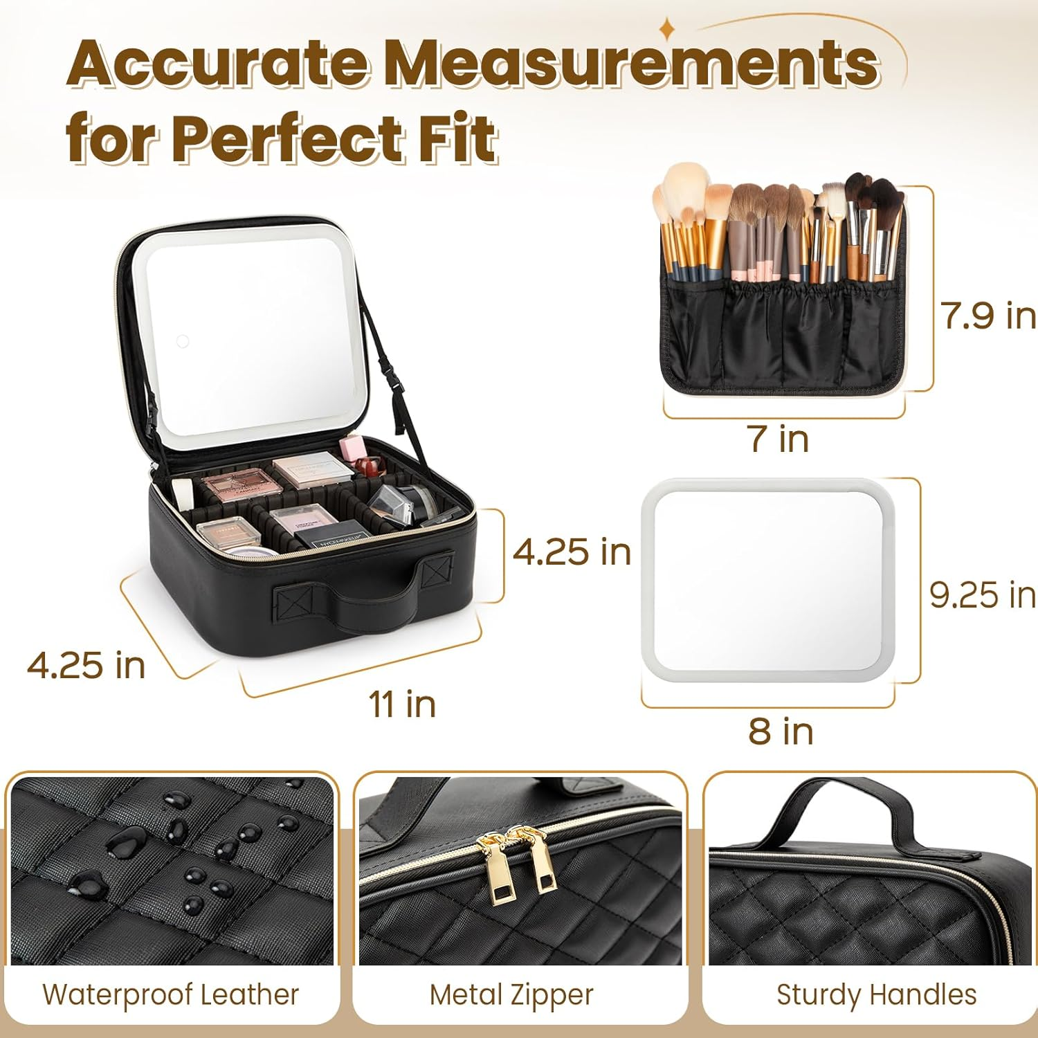 Travel Makeup Bag with LED Mirror, Leather Cosmetic Train Cases with Adjustable Dividers, Makeup Organizer with Makeup Brush Storage Board for Women, Artist and More, Black, Cosmetic image number 2