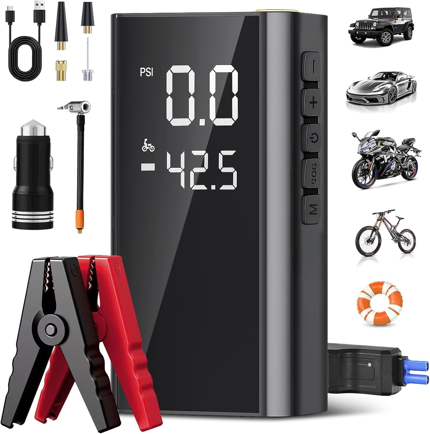 Velomira 1000A Car Battery Jump Starter with 150PSI Air Compressor, 10000 Mah Battery, 12V Car Gasoline - 5 L/Diesel - 2 L Emergency Starter, Emergency Flashlight, Smart Safety Clamp.