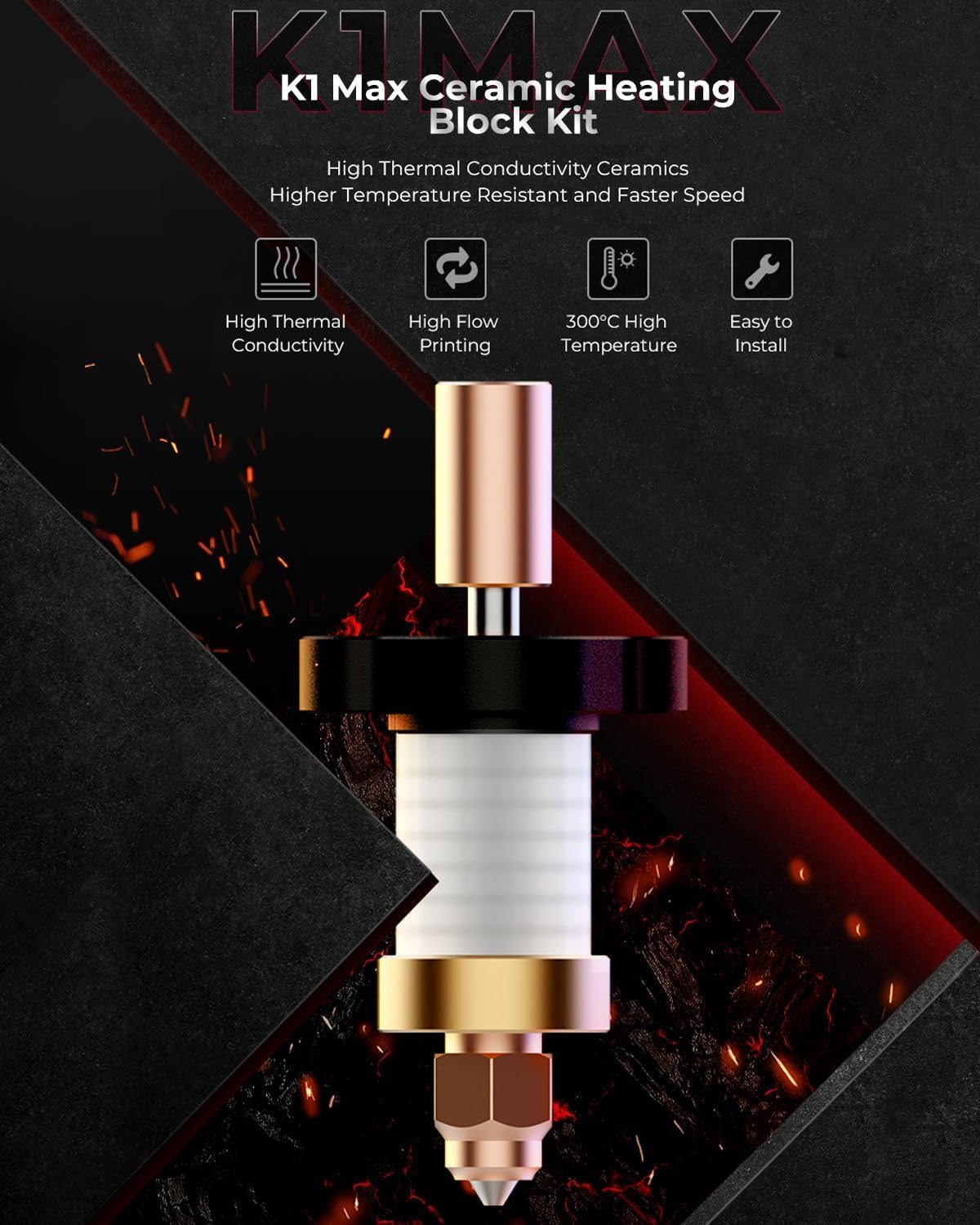 Official K1/K1 Max Ceramic Heating Block Kit, 60W Fast Heating Wear-Resistant Hotend Kit Supports 300&deg;C High Temperature and 600Mm/S High-Speed Printing